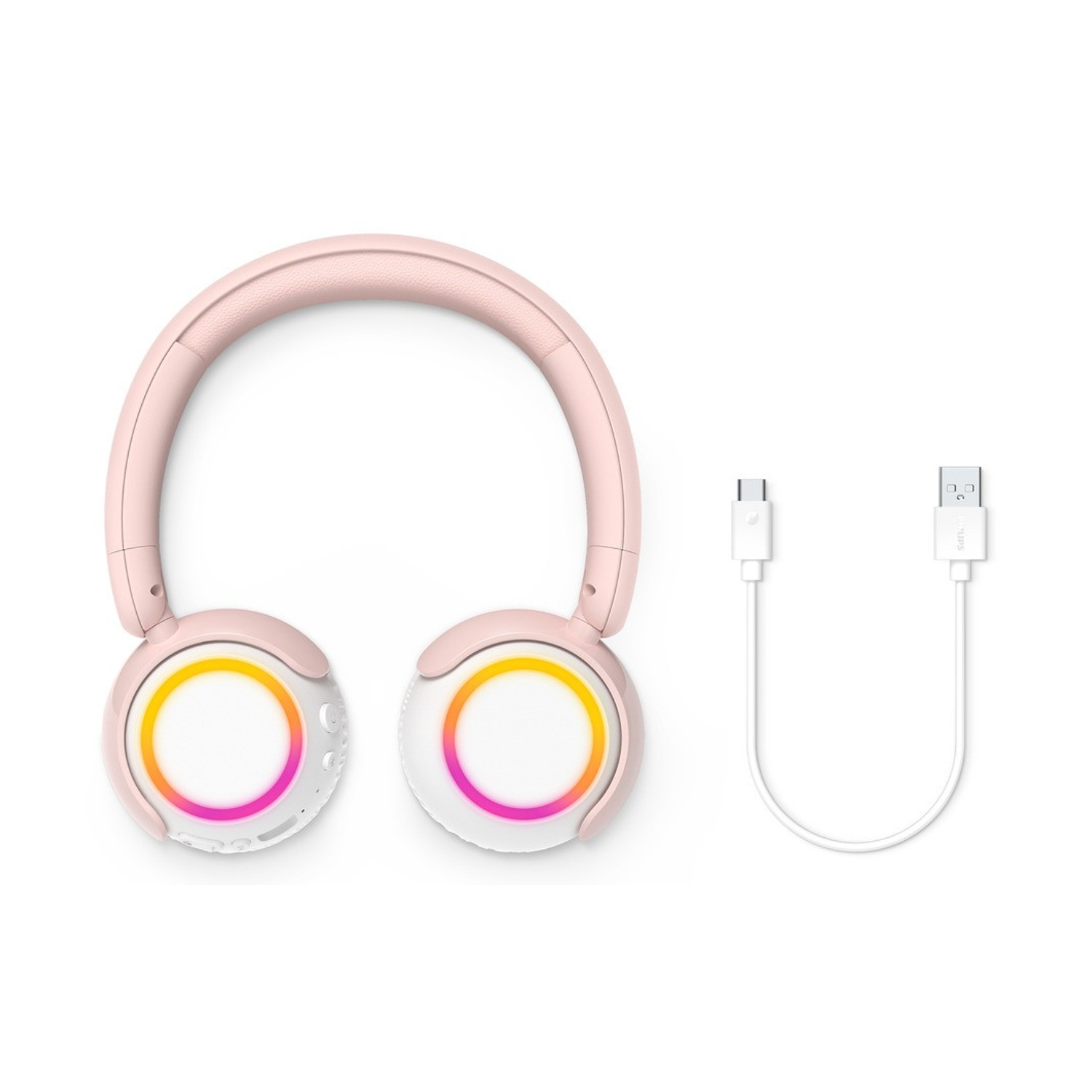 Rosa kabellose On-Ear-Kopfhörer mit bunten Lichtern an den Ohrmuscheln und einem weißen USB-Ladekabel auf weißem Hintergrund.