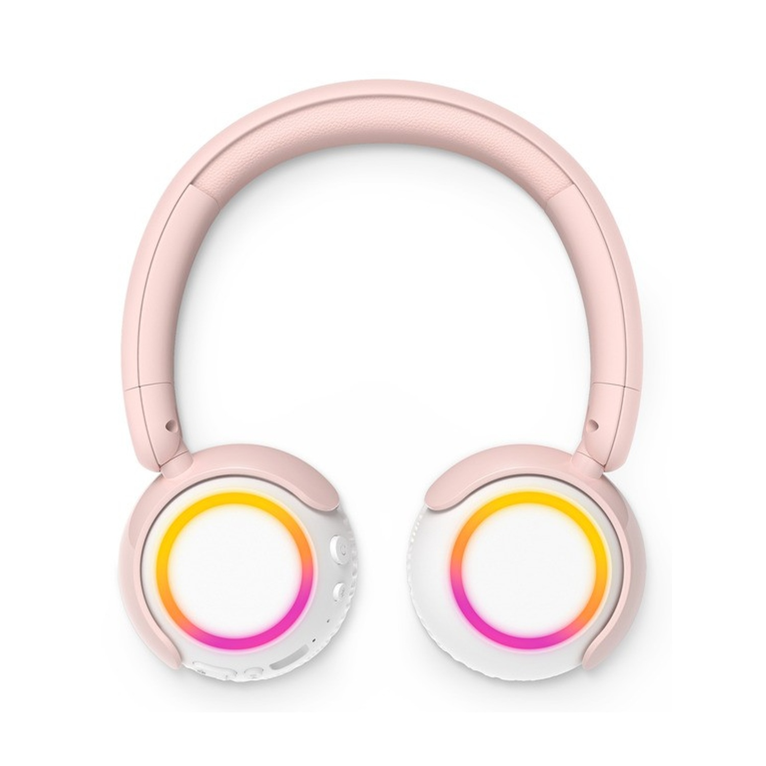 Rosa Over-Ear-Kopfhörer mit leuchtenden gelb-pinken LED-Ringen an den Ohrmuscheln auf weißem Hintergrund.