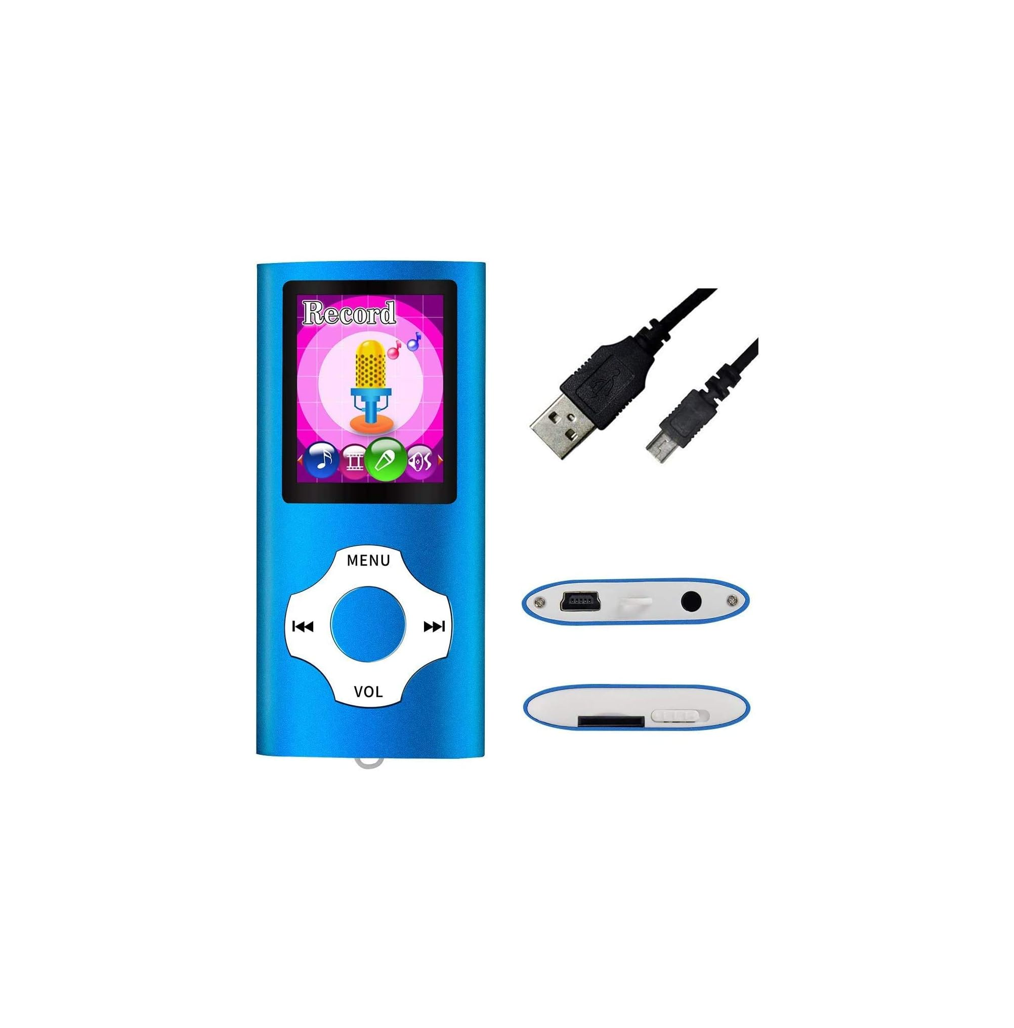 Ein blauer MP3-Player mit Display, Tasten, USB-Kabel und Anschlüssen auf wei ßem Grund.