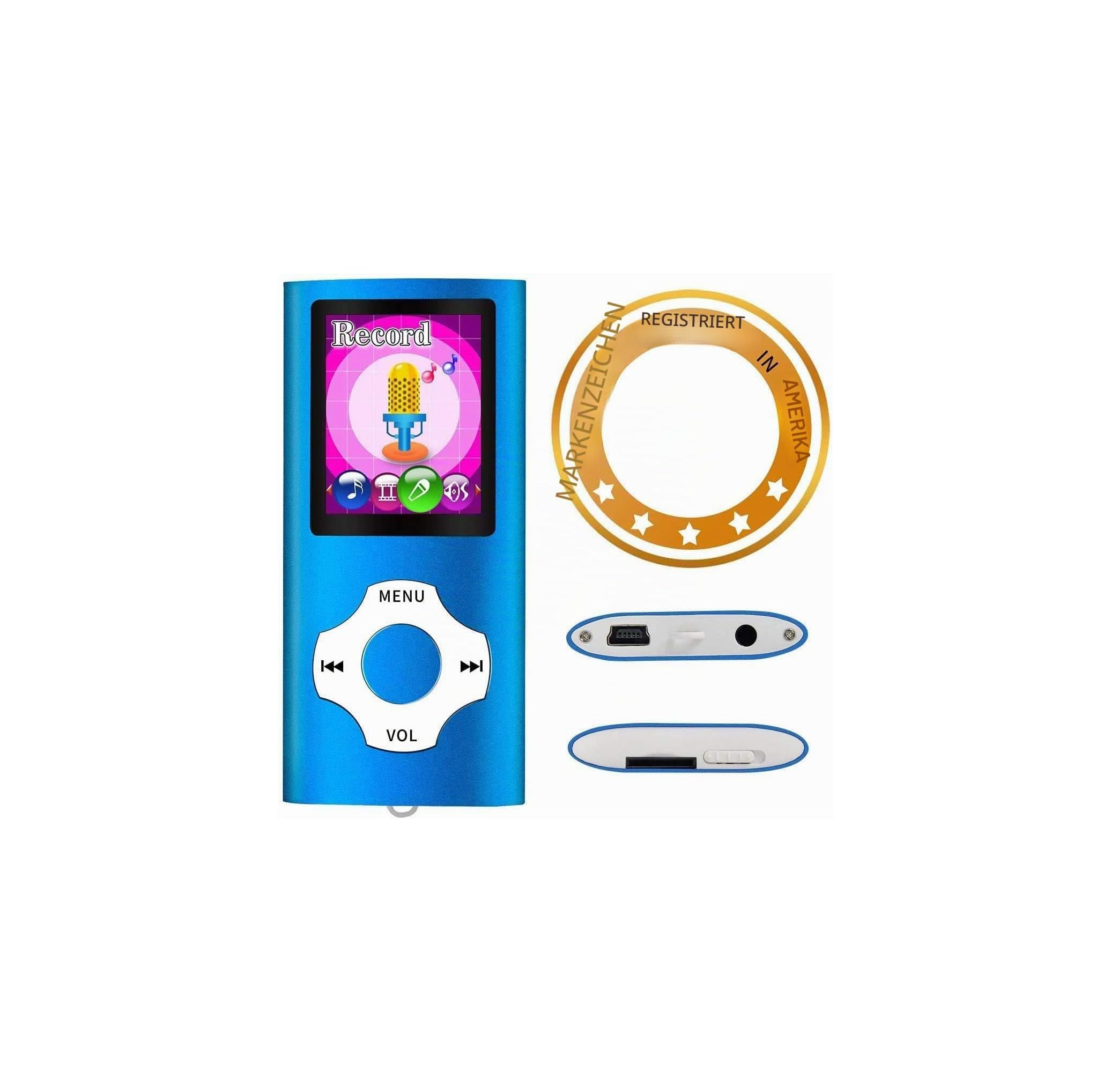 Ein blauer MP3-Player mit Display, Navigationstasten, Aufnahmefunktion und Anschlüssen oben und unten.