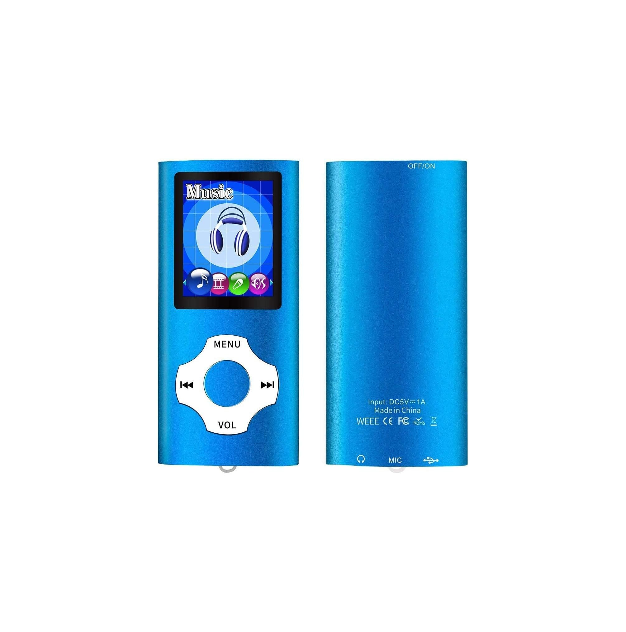 Front- und Rückansicht eines blauen MP3-Players mit Farbdisplay und kreuzförmigem Bedienfeld.