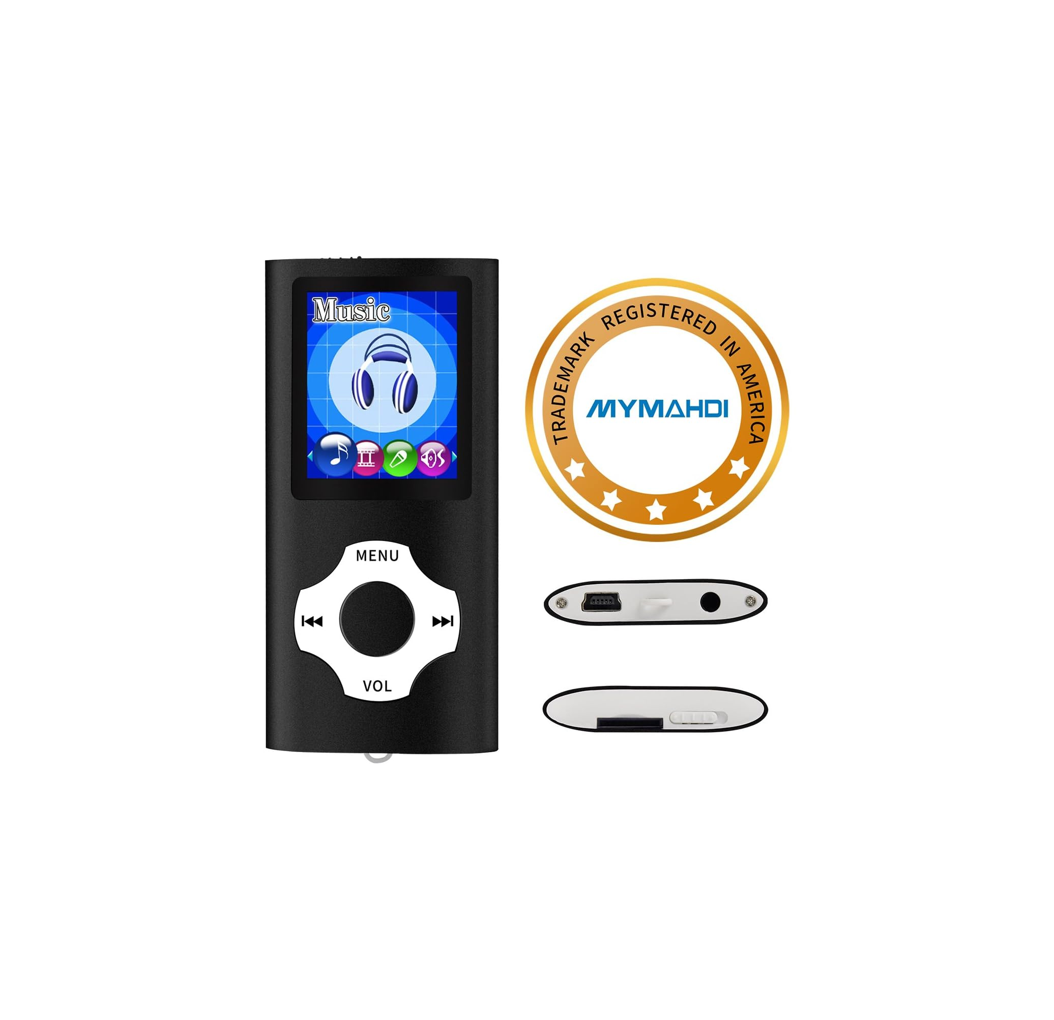 Schwarzer Mymahdi MP3-Player mit Display, Navigationstasten, Ladeanschluss und goldener Markierung.