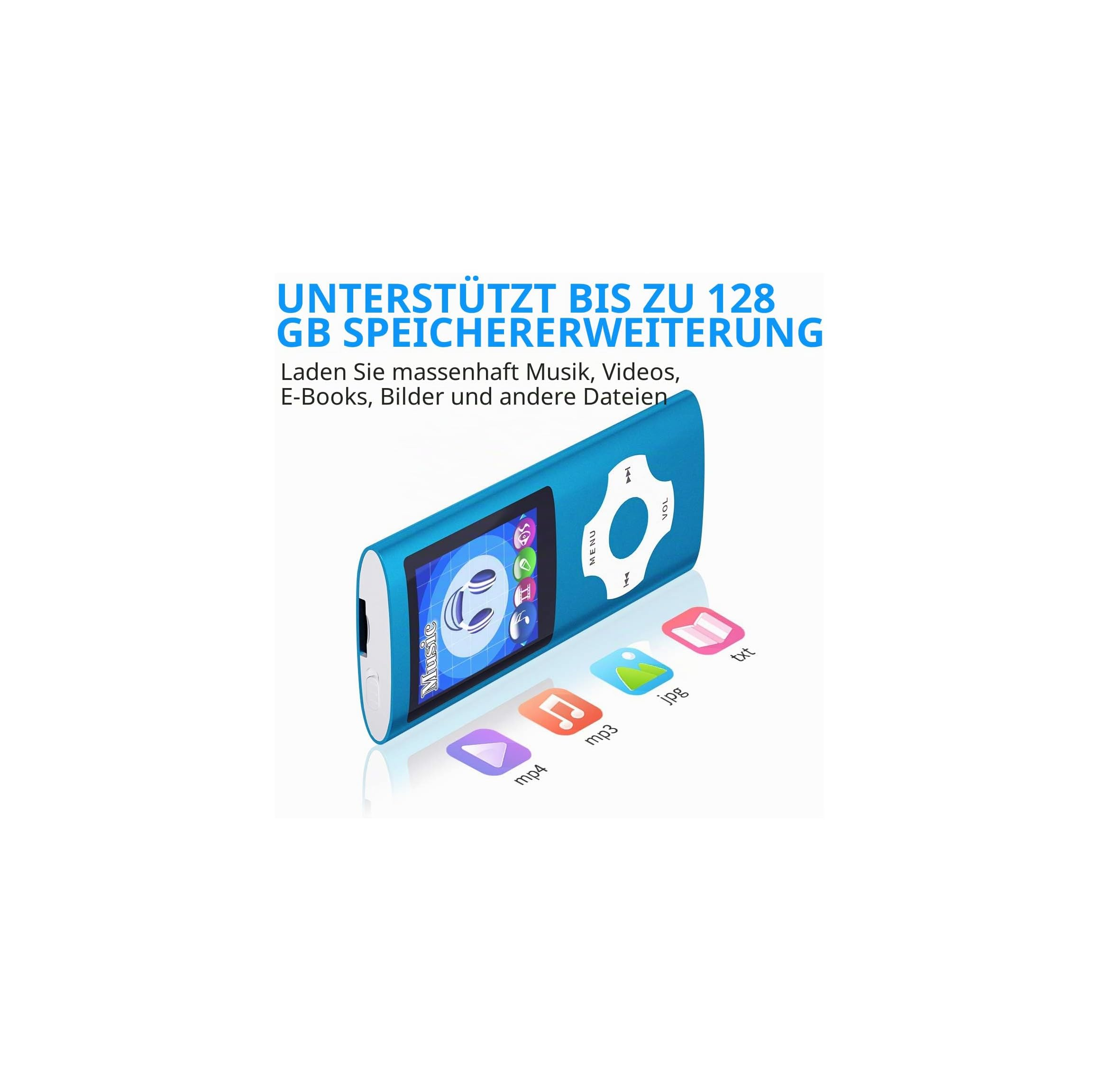Ein blauer MP3-Player mit Farbdisplay und Symbolen für verschiedene Medienformate darunter.