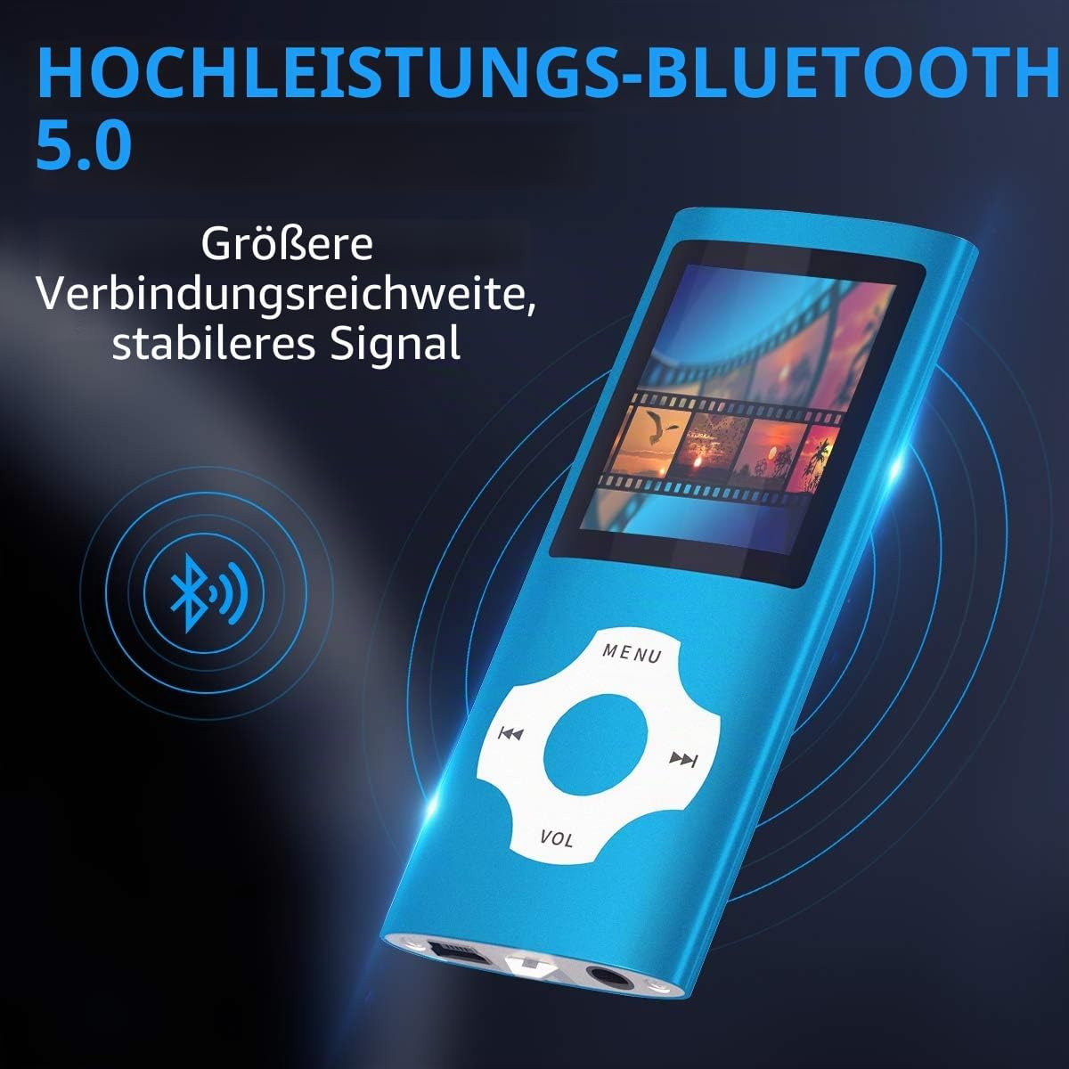 Ein blauer MP3-Player mit Bluetooth-Funktion auf dunklem Hintergrund mit deutscher Textwerbung.