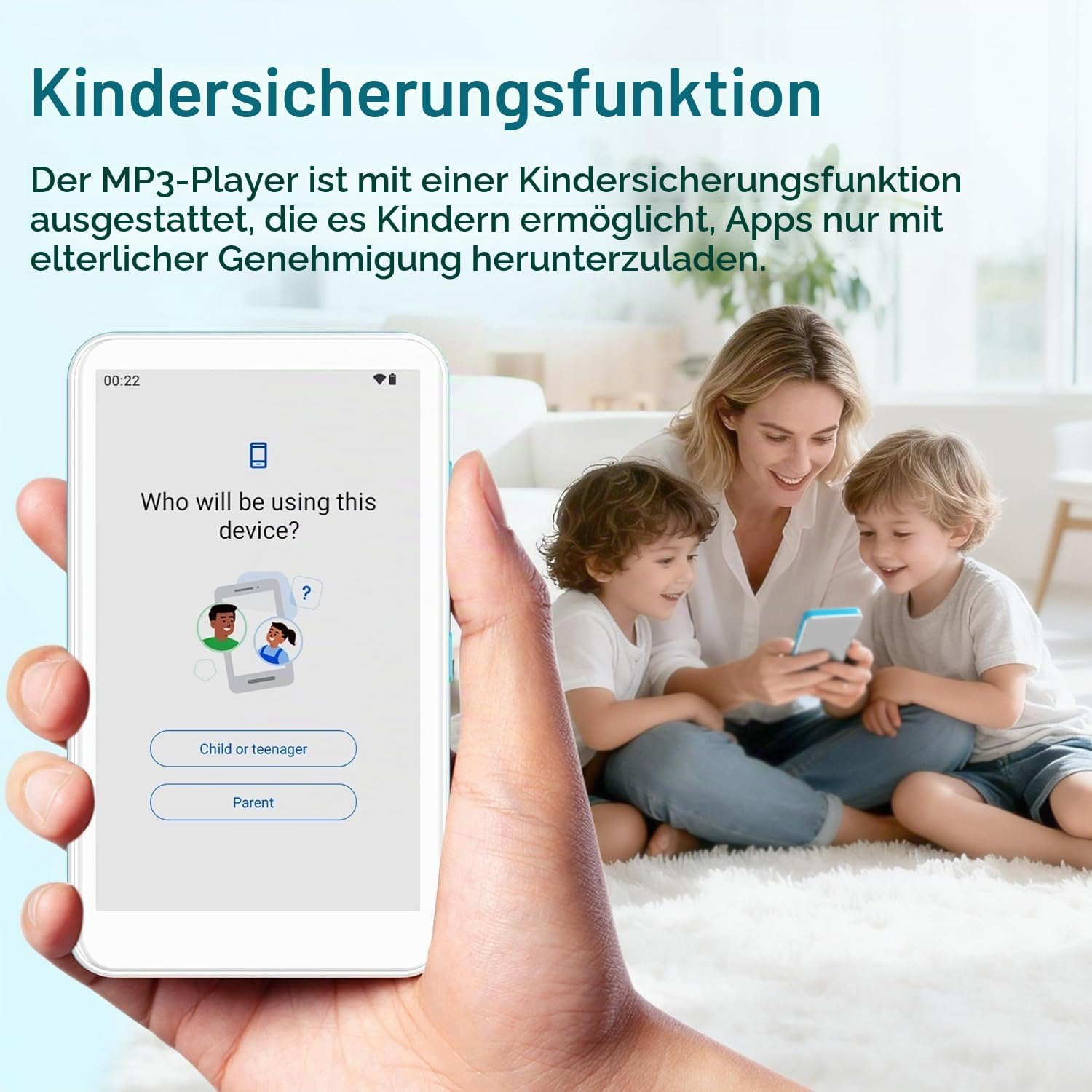 Ein Erwachsener und zwei Kinder schauen gemeinsam auf ein Smartphone mit Kindersicherungsfunktion.