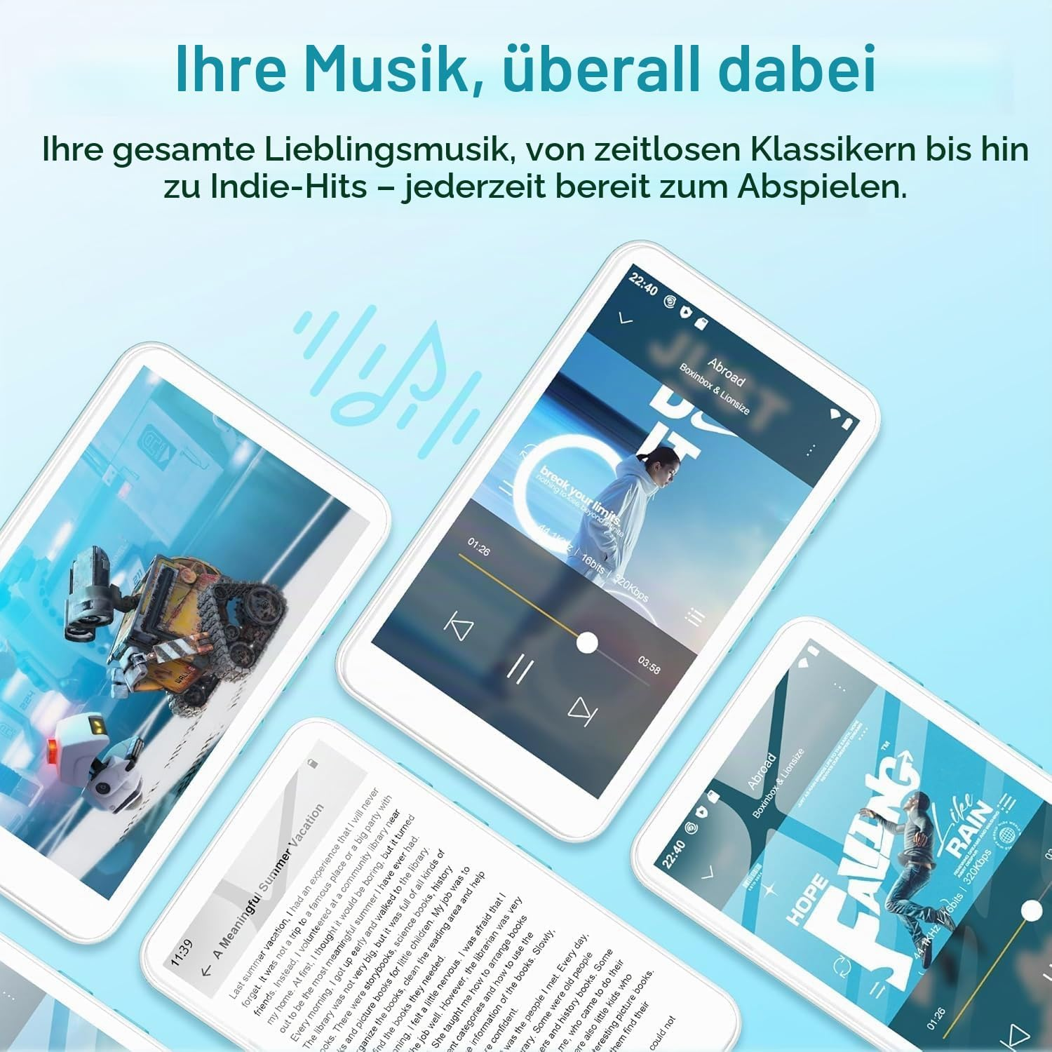 Drei Smartphones zeigen Musik-App-Oberflächen vor einem hellblauen Hintergrund mit deutschem Werbetext.