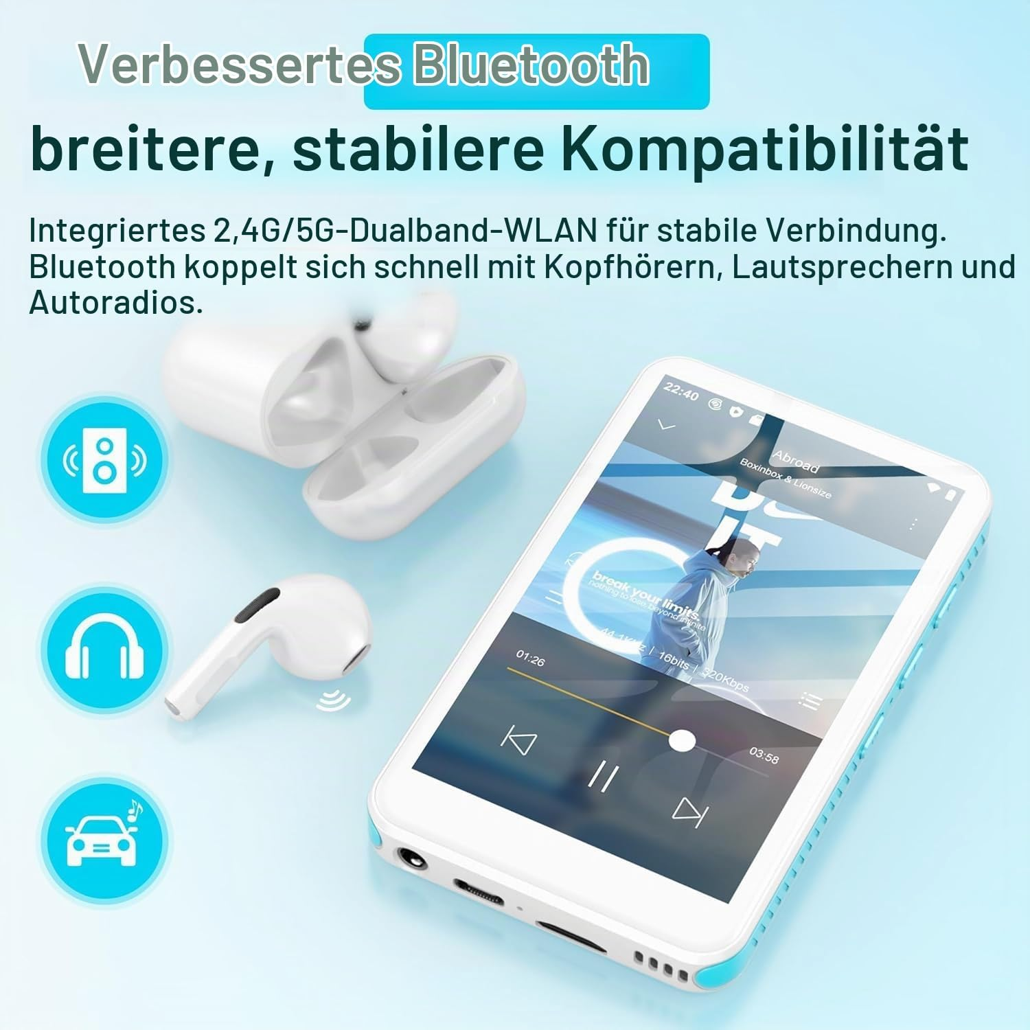 Weißer Musikplayer mit Bluetooth, Ohrstöpseln und deutschem Text zu verbesserter Konnektivität auf blauem Grund.