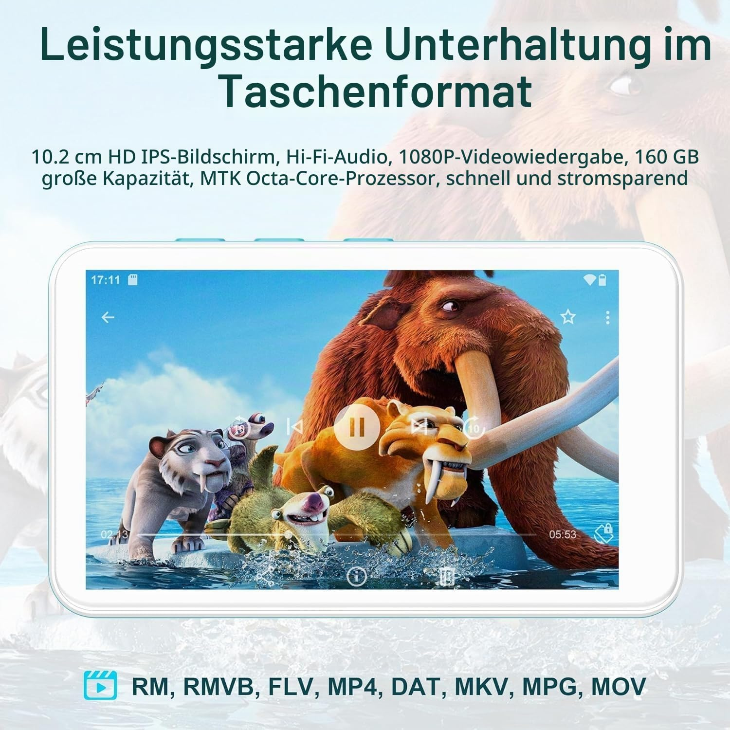 Ein tragbares Gerät zeigt eine animierte Filmszene mit Mammut und Säbelzahntiger auf einer Eisscholle.