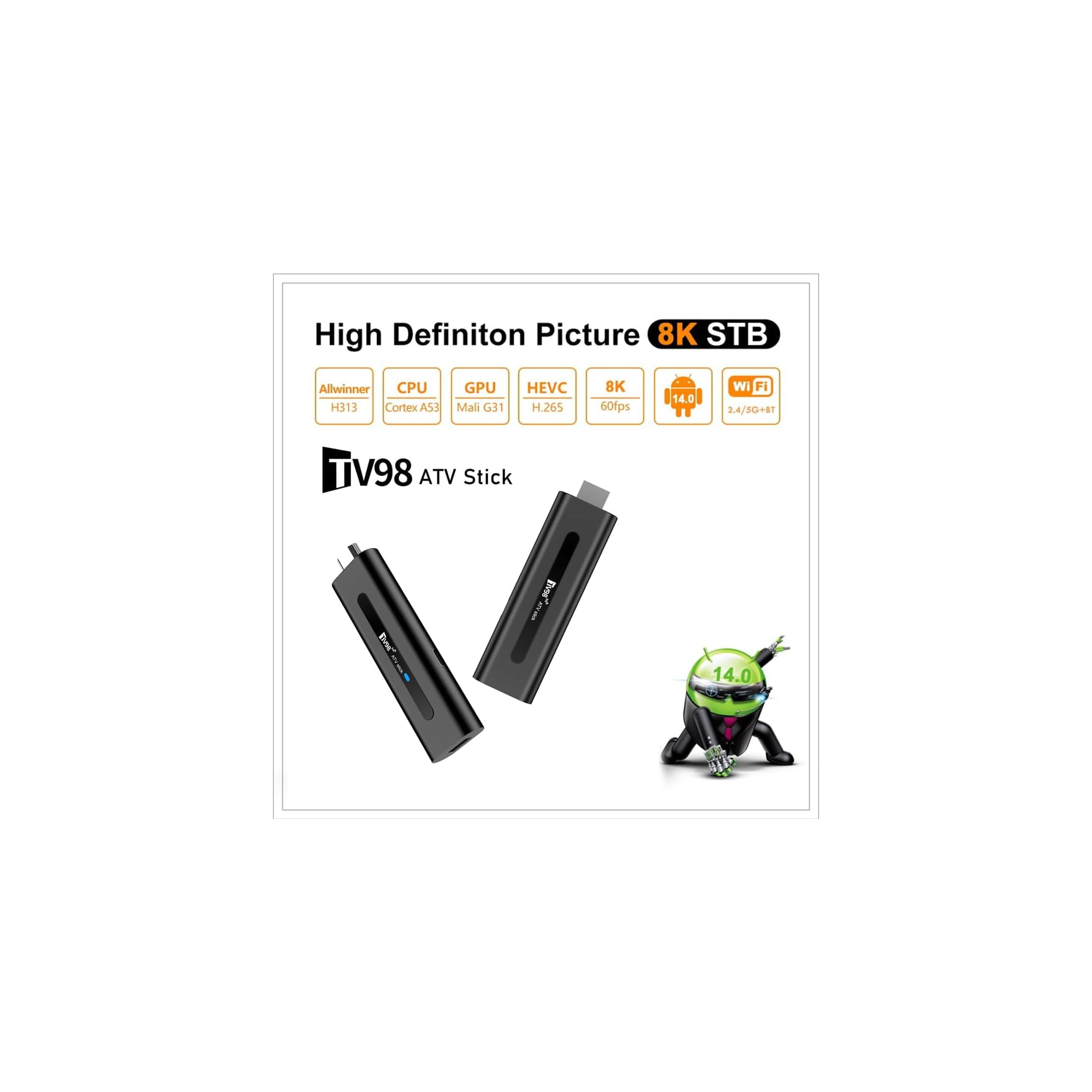 Produktwerbung für den TV98 ATV Stick mit technischen Details, Android 14.0 und zwei schwarzen TV-Sticks.