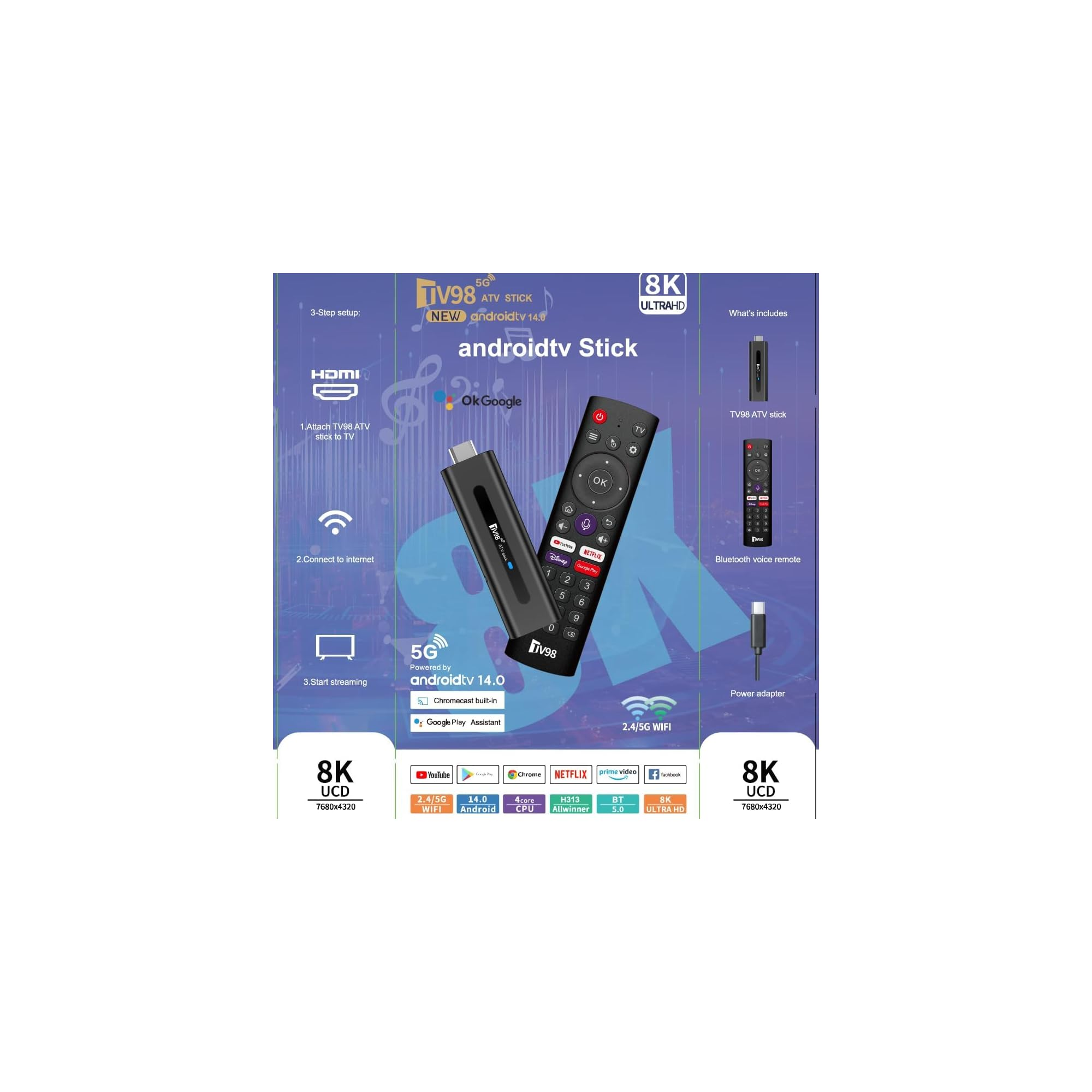 Produktwerbung für einen Android TV Stick mit Fernbedienung und Zubehör vor violettem Hintergrund.