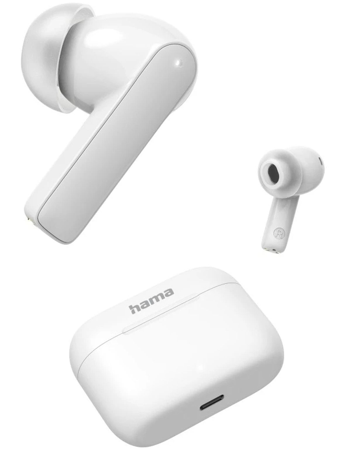 Weiße True-Wireless-Ohrhörer von Hama mit Ladecase.