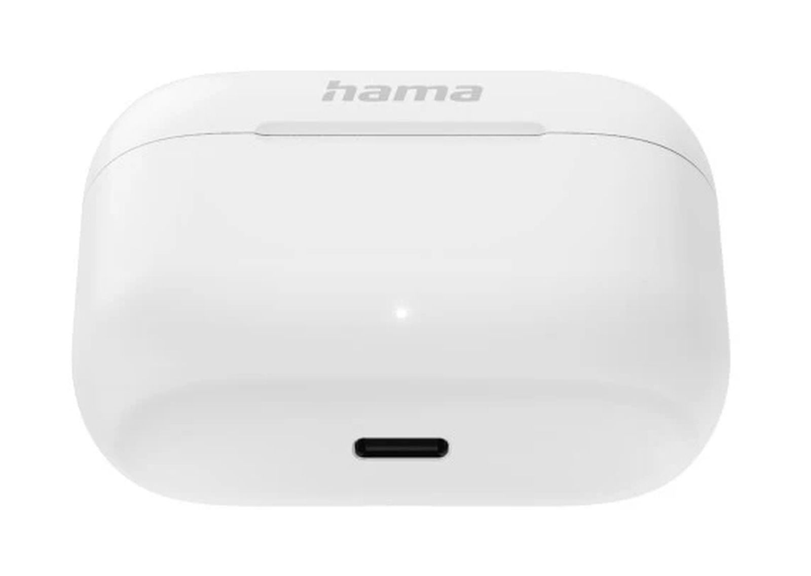 Ein weißes Hama Ladecase für Ohrhörer mit USB-C-Anschluss auf der Vorderseite.
