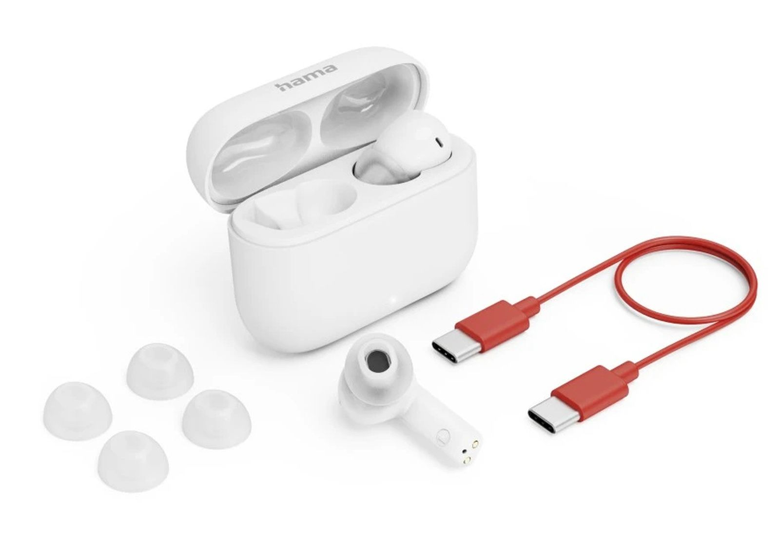 Weiße Hama In-Ear-Kopfhörer mit Ladecase, Ersatzaufsätzen und rotem USB-C-Kabel auf weißem Hintergrund.