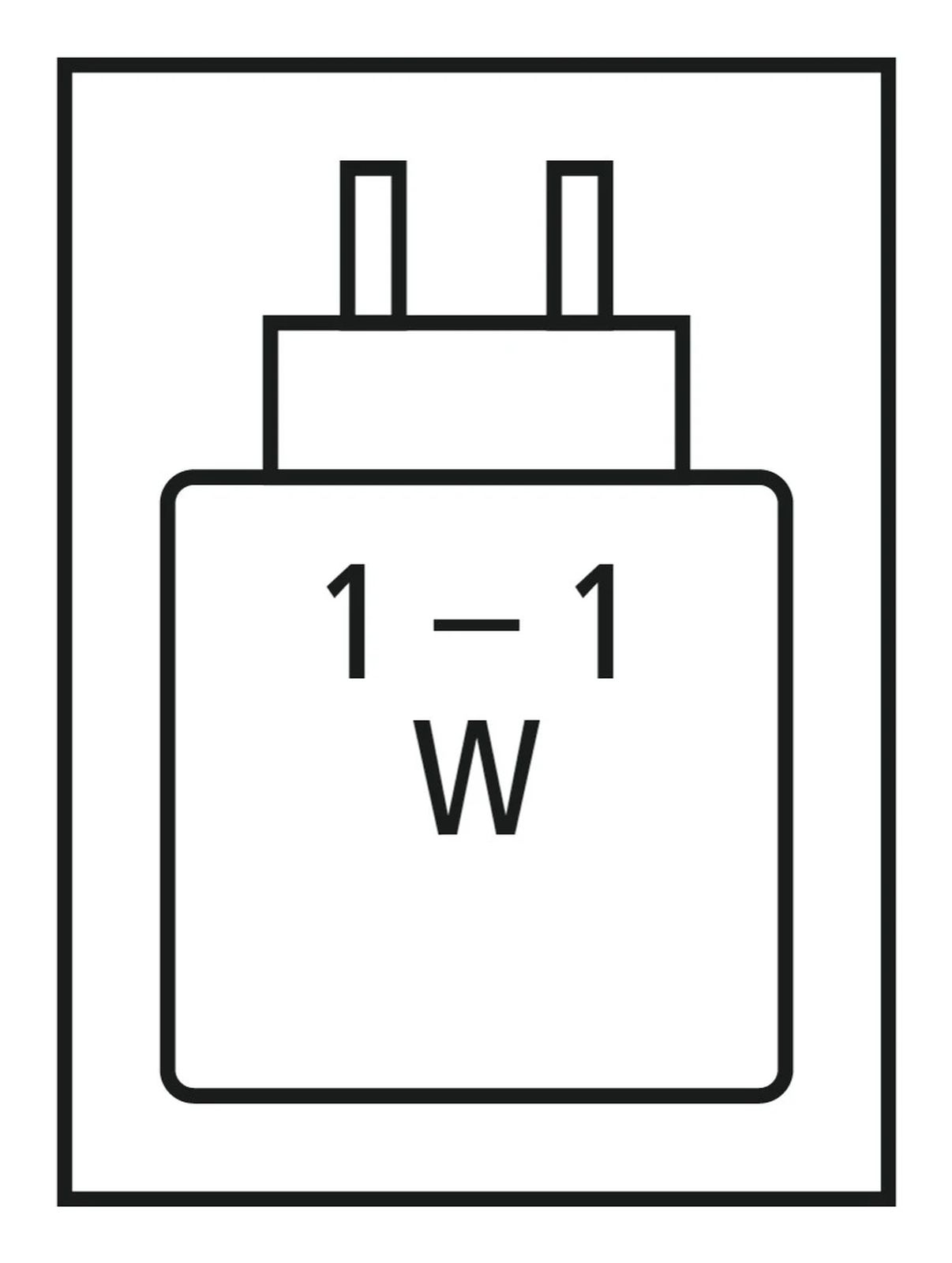 Ein schwarz-weißes Umrissicon eines Ladegeräts mit zwei Steckern und dem Text 1-1 W.