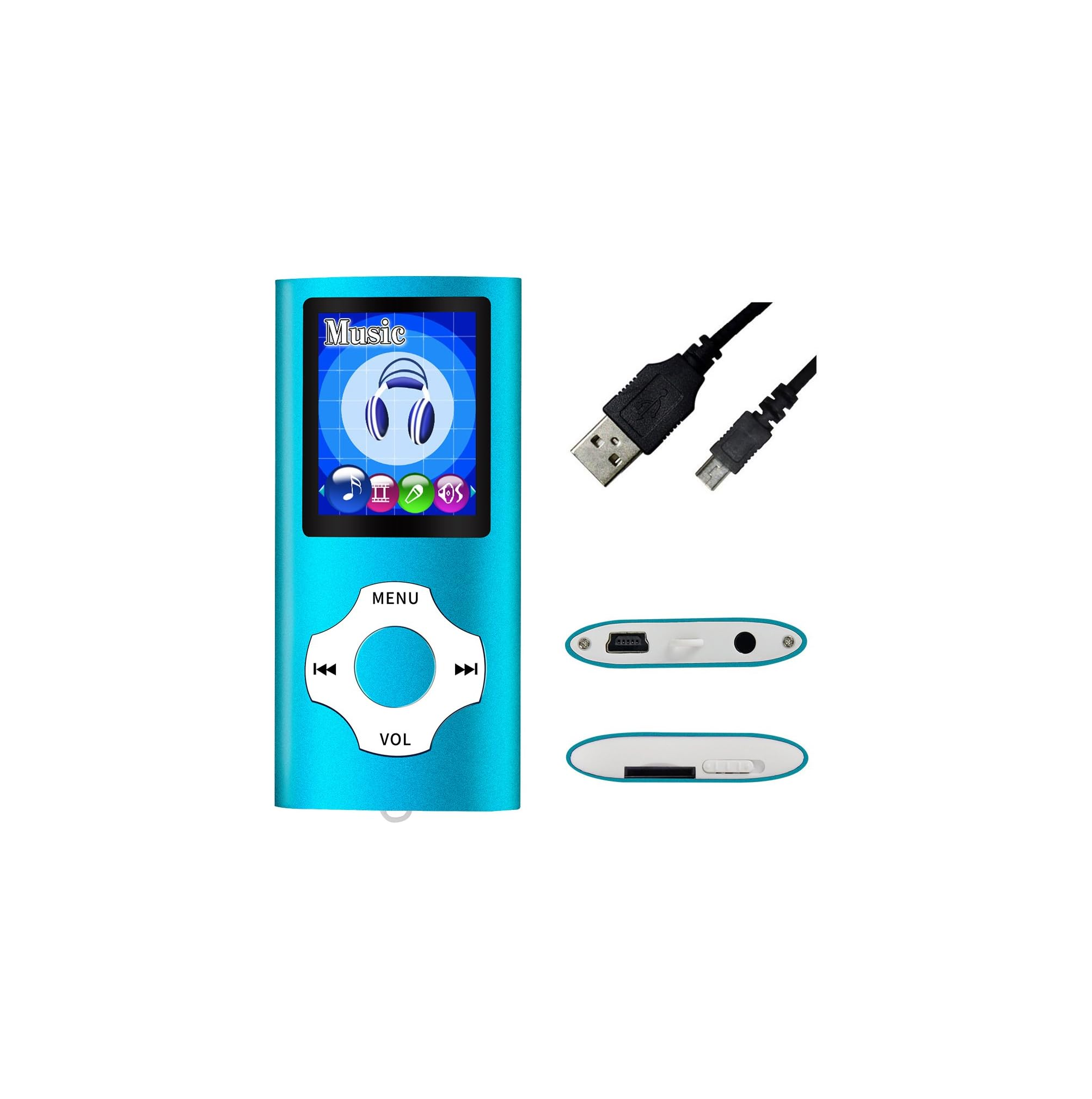 Ein blauer MP3-Player mit Display, Navigationstasten, USB-Kabel und Anschlüssen auf weißem Hintergrund.