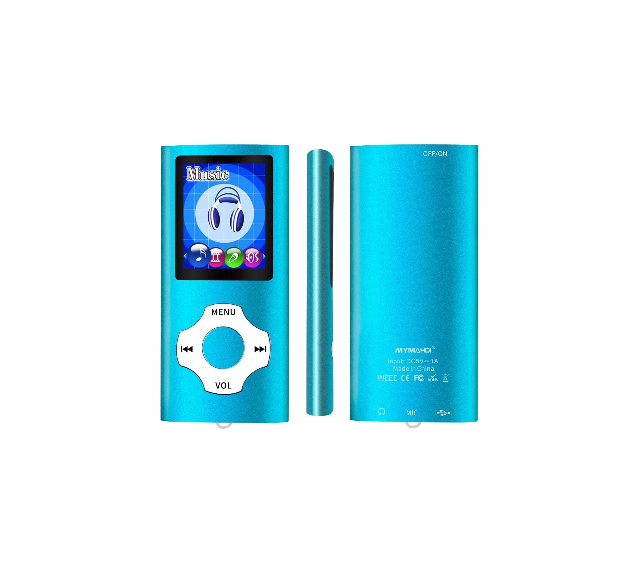 Drei Ansichten eines hellblauen MP3-Players mit Bildschirm, Tasten und Kopfhöreranschluss.