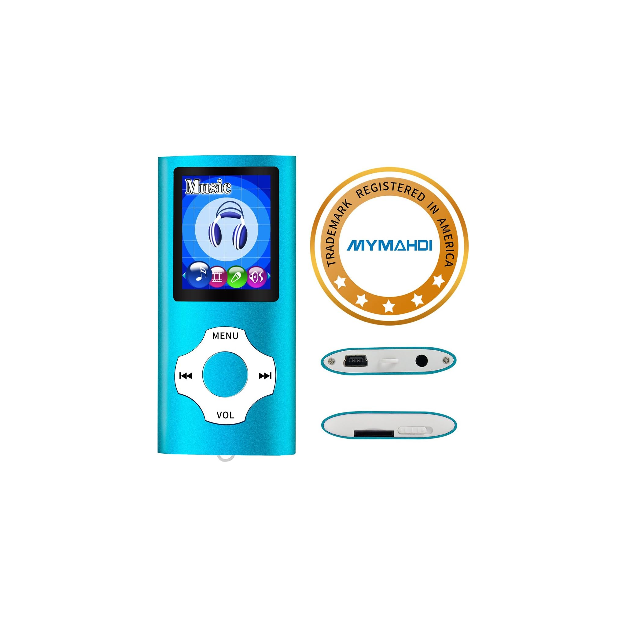 Türkisblauer MP3-Player mit Display, runden Tasten, runden Anschlüssen und einer Marke.