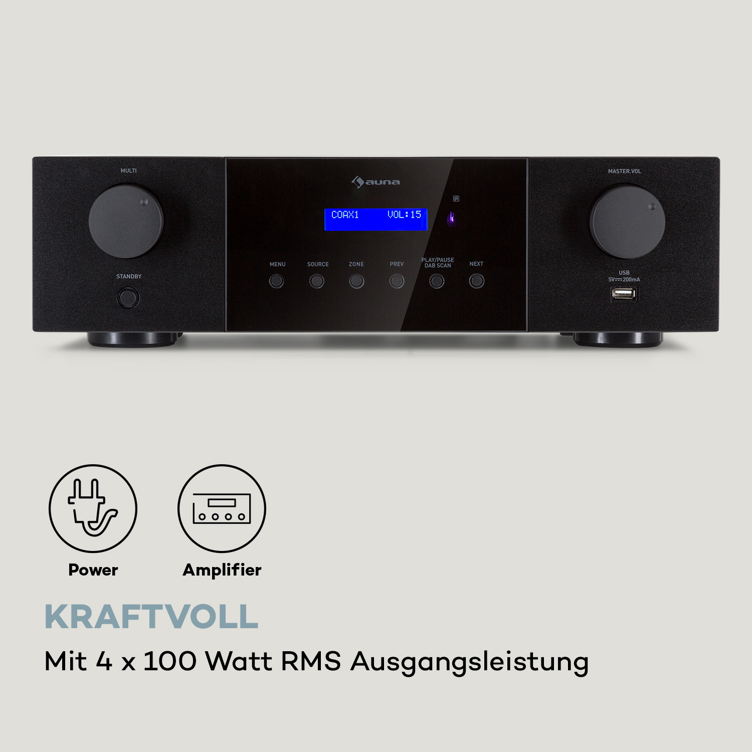Schwarzer Auna-Verstärker mit blauem Display, zwei großen Reglern und Symbolen für Leistung und Verstärker.