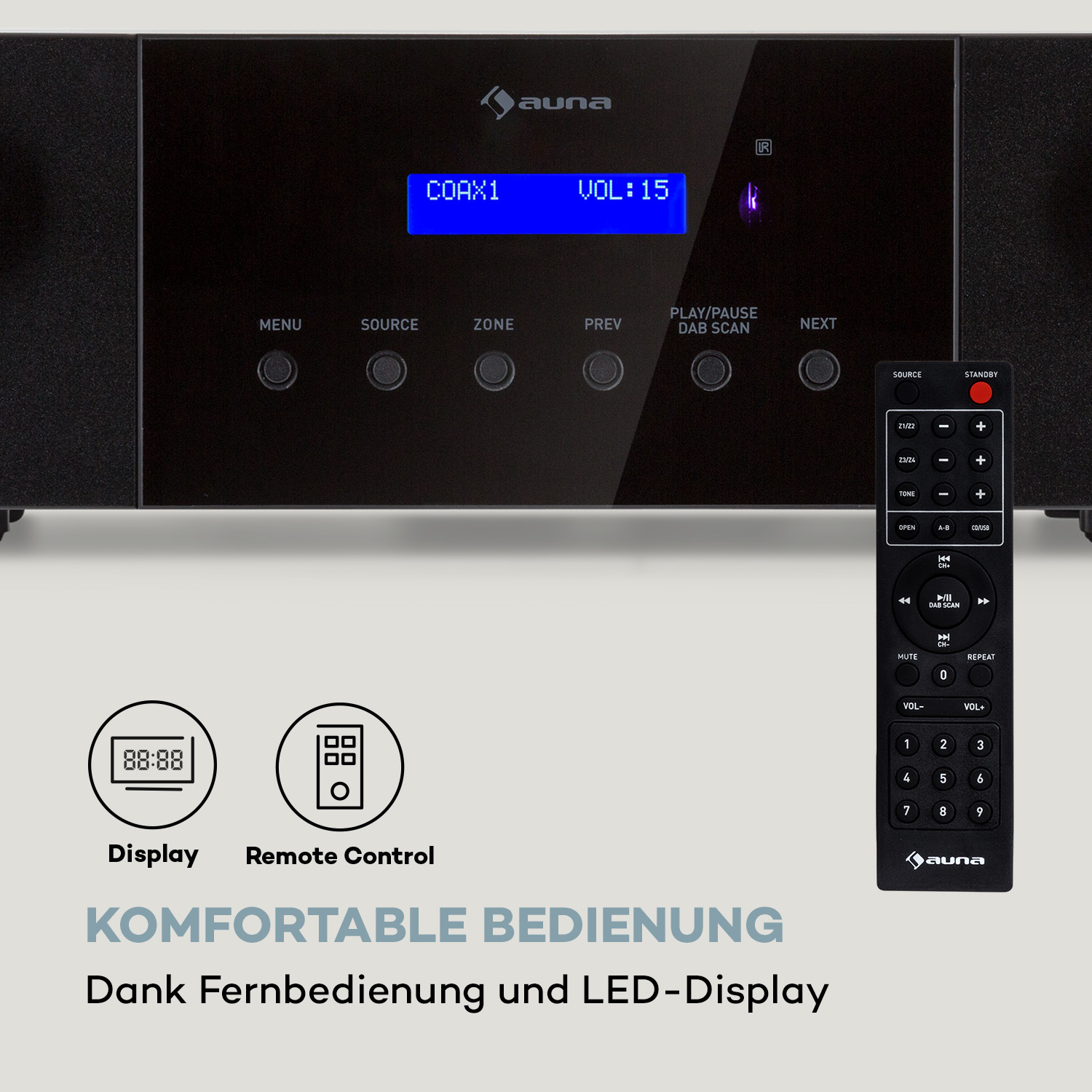 Auna Hifi-Verstärker mit blauem LED-Display und passender Fernbedienung.