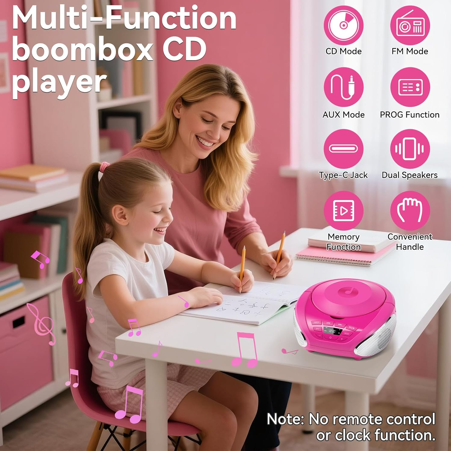 Mutter und Tochter zeichnen an einem Tisch mit rosa CD-Player, umgeben von Musiknoten.