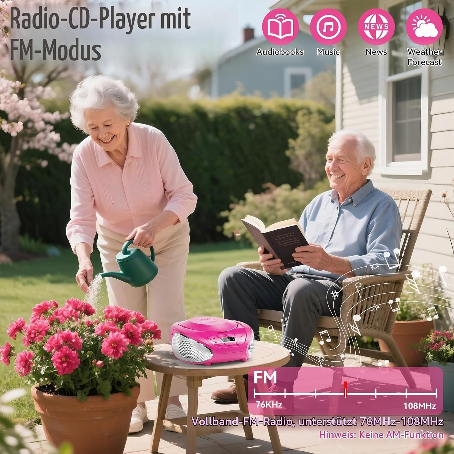 Ältere Frau gießt Blumen, während Mann im Garten liest; rosa Radio und deutsche Textgrafiken.