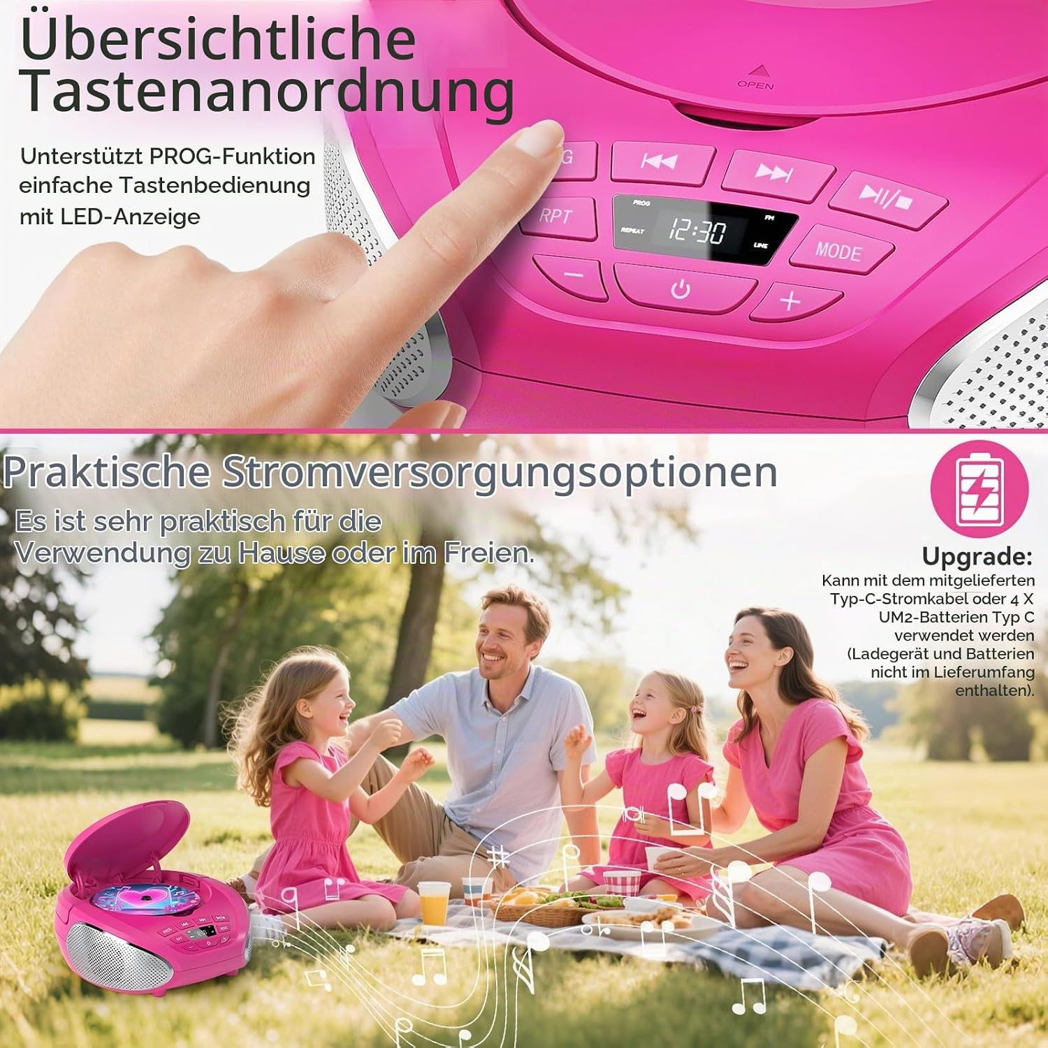 Eine Hand bedient Tasten auf einem rosa CD-Player, darunter sitzt eine Familie beim Picknick im Park.
