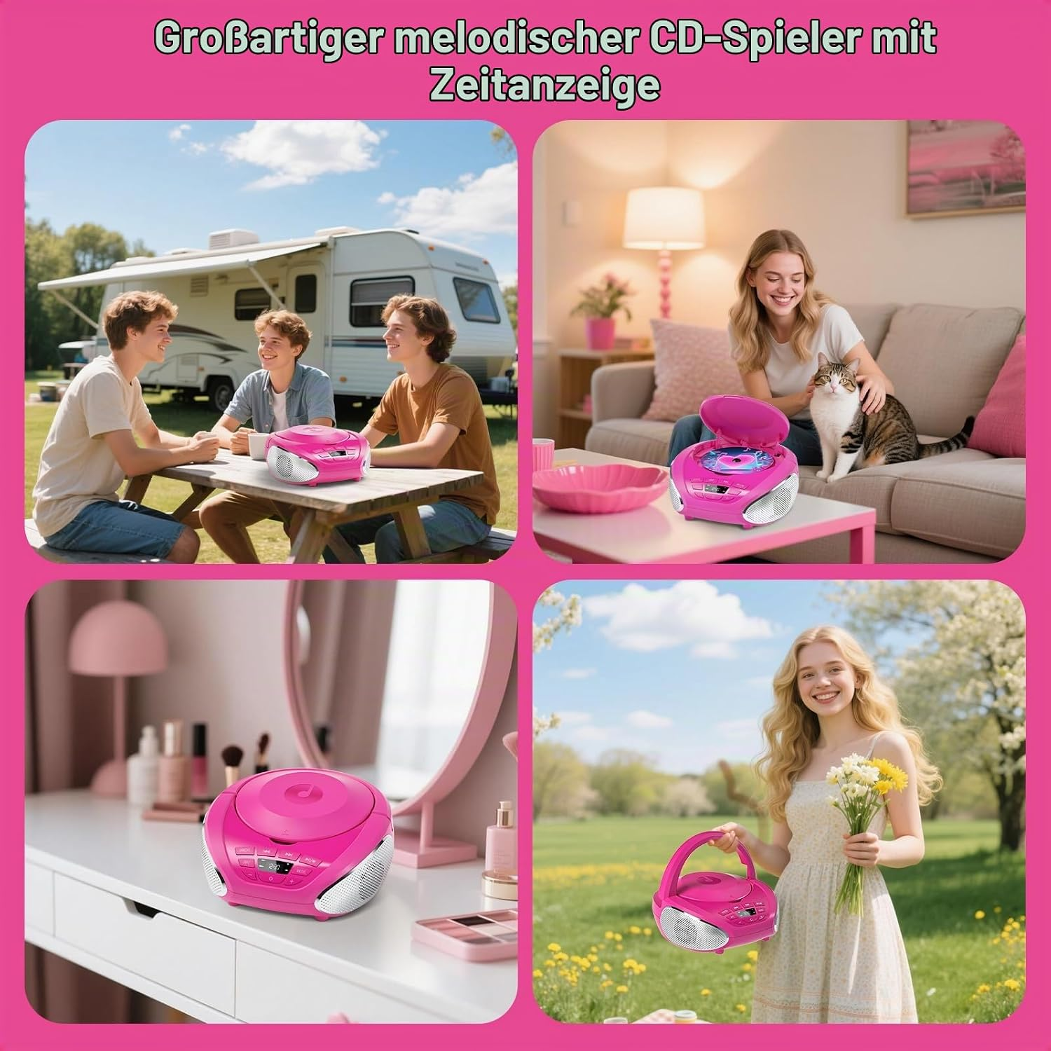 Collage mit vier Bildern von Personen und einer pinken CD-Boombox in verschiedenen Umgebungen.
