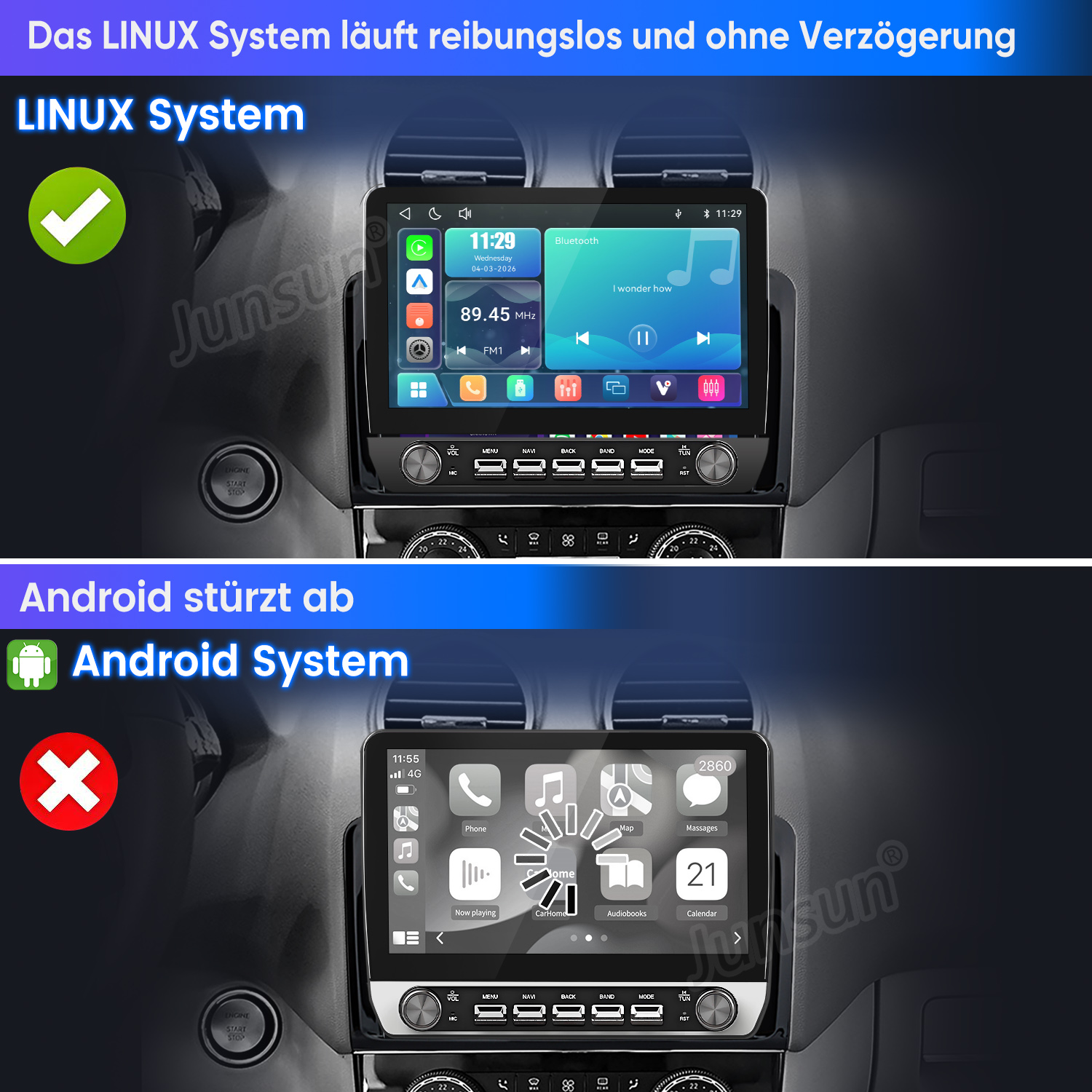 Vergleich zweier Auto-Bildschirme: Linux läuft reibungslos, Android stürzt ab mit Ladekreis.