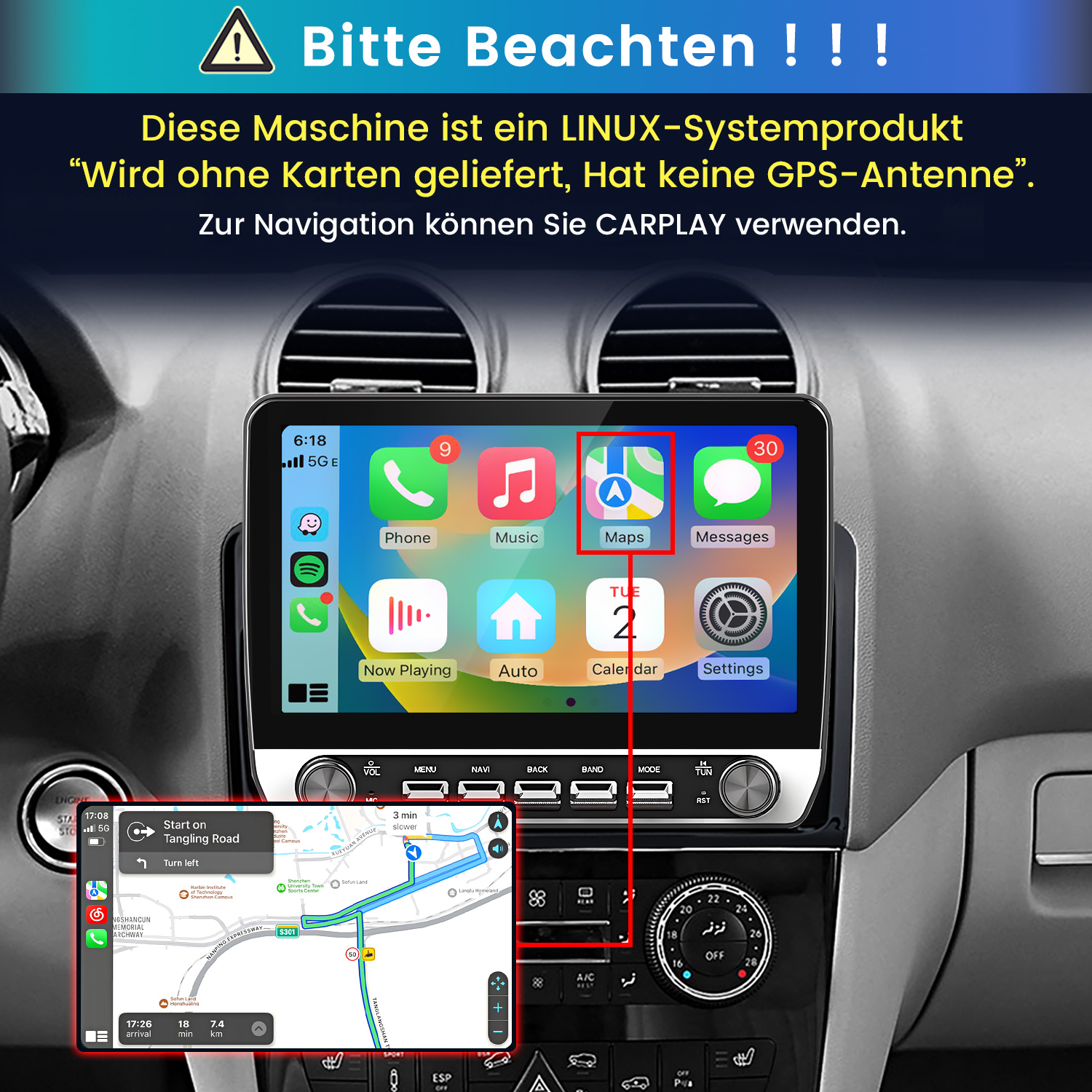 Linux Auto-Multimediasystem mit Apple CarPlay, Navigation und Touchscreen in einem Armaturenbrett.