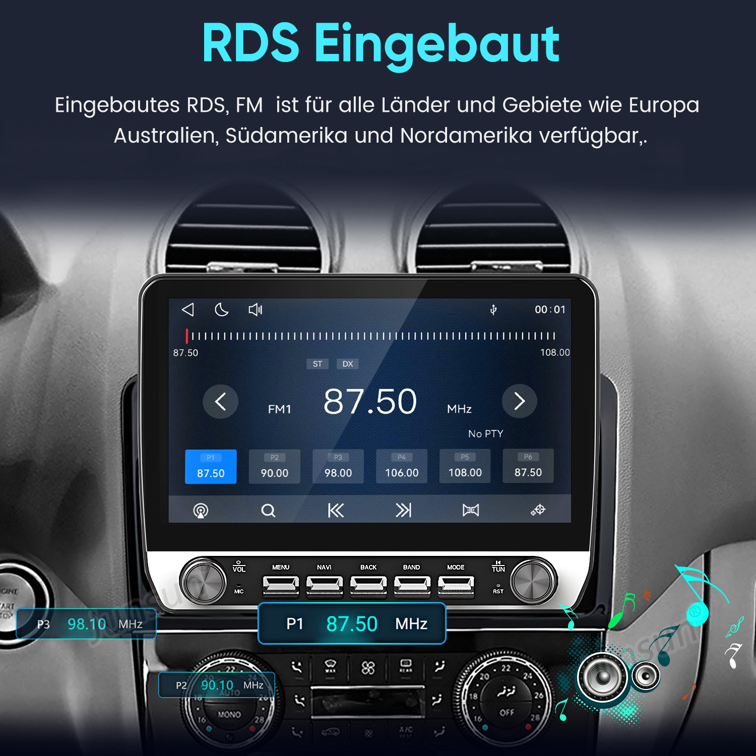 Ein Car-Audio-Touchscreen mit FM-Radio-Schnittstelle im Armaturenbrett eines Autos.