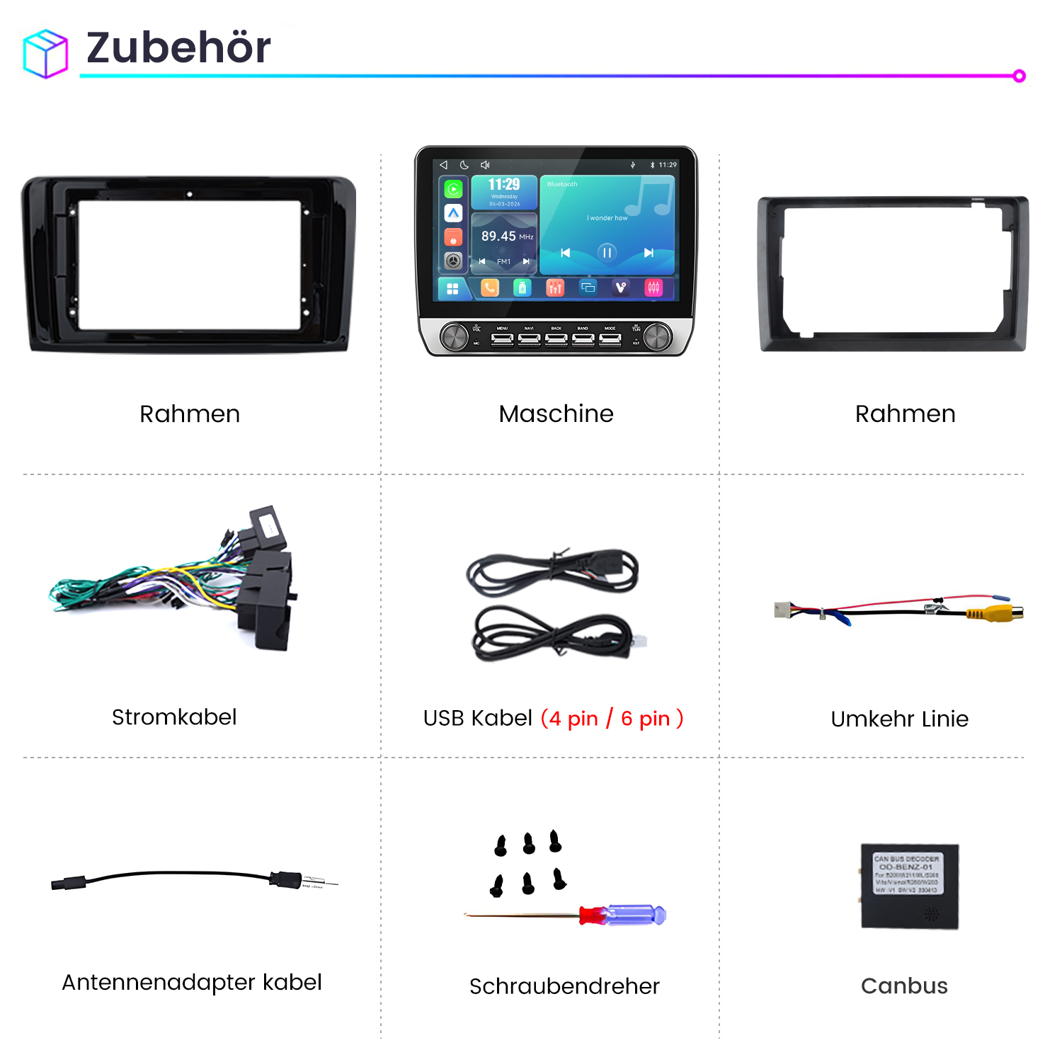 Verschiedenes Zubehör für Car-Audio: Rahmen, Display, Kabel, Schraubendreher und Canbus.