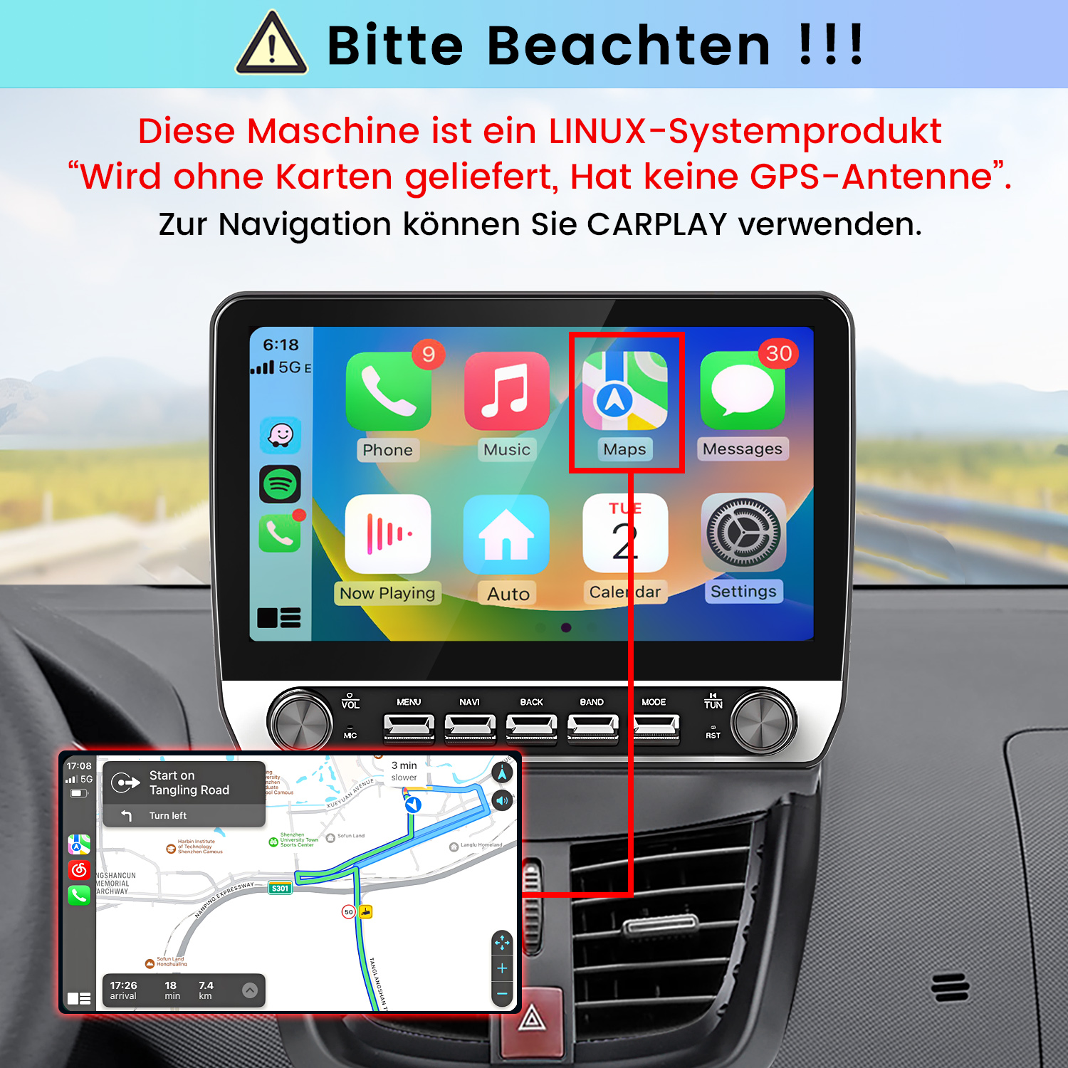 Autoinnenraum mit Linux-Multifunktionsdisplay, App-Icons und Warntext oben.