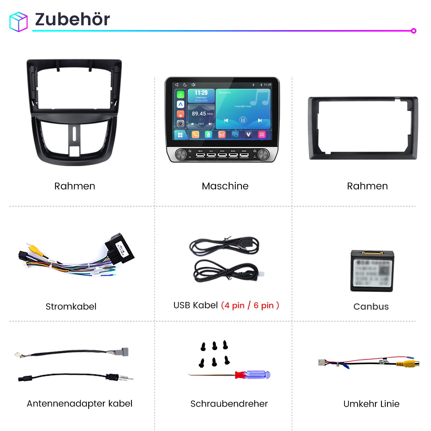 Übersicht von Autozubehör wie Rahmen, Maschinen, Kabeln, Canbus und Schraubendreher.
