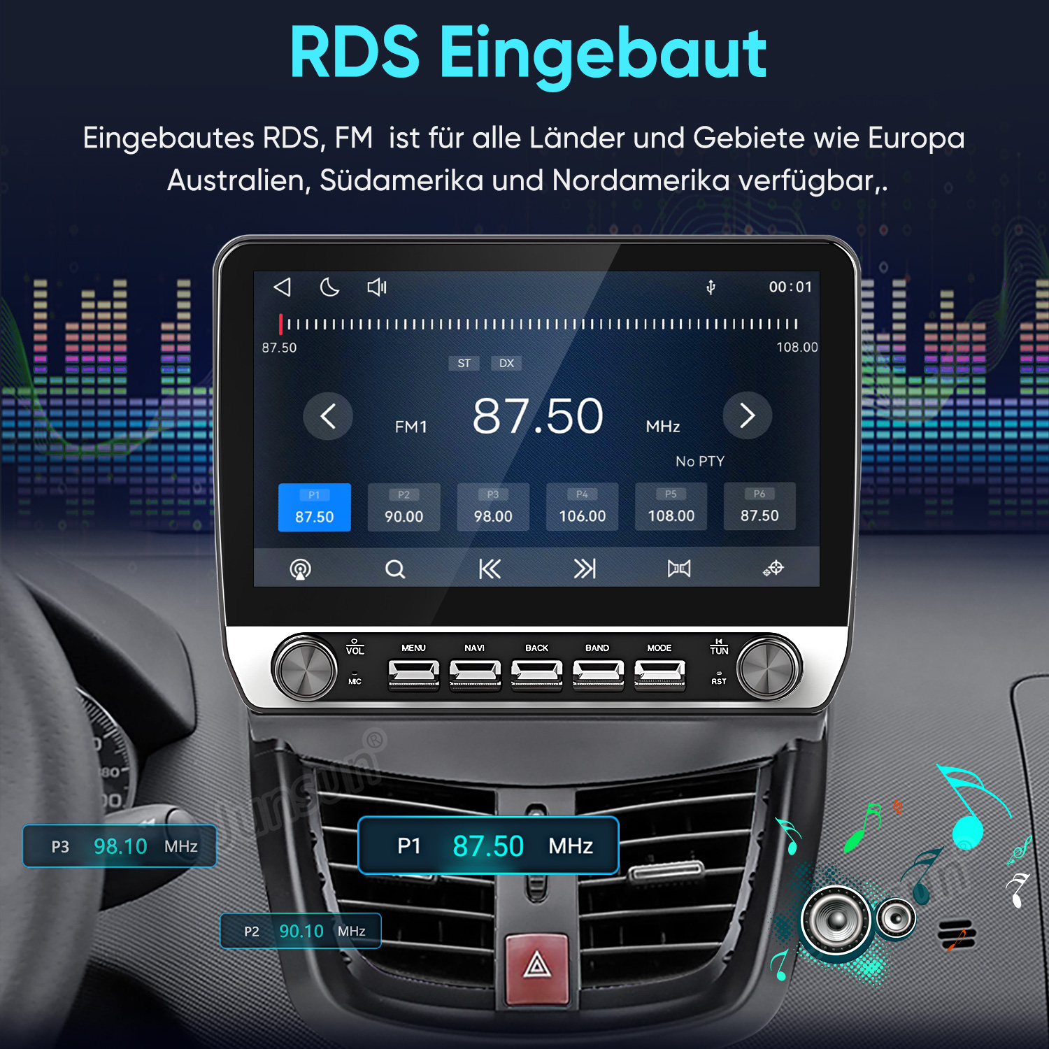 Ein Car-Radio-Bildschirm zeigt die FM-Radiofrequenz 87,50 MHz mit Bedienelementen und Musiknoten im Hintergrund.
