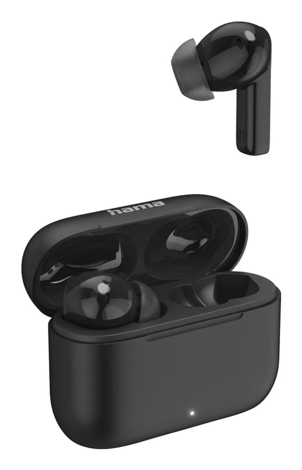 Auricolari wireless neri con custodia di ricarica aperta con il logo Hama.