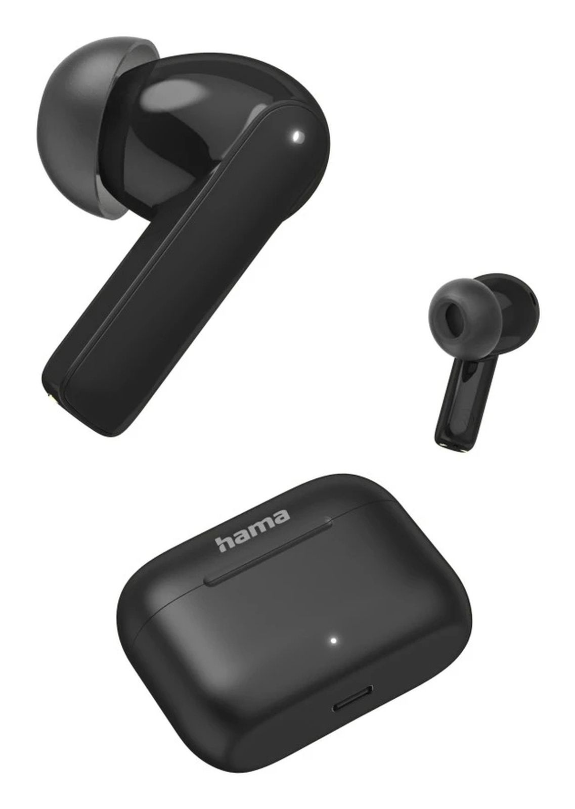 Auricolari wireless neri con custodia di ricarica e logo Hama su sfondo bianco.