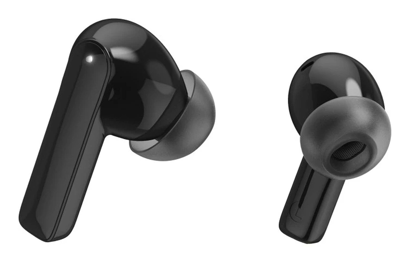 Due auricolari wireless neri con finitura lucida e cuscinetti in silicone grigio su sfondo bianco.