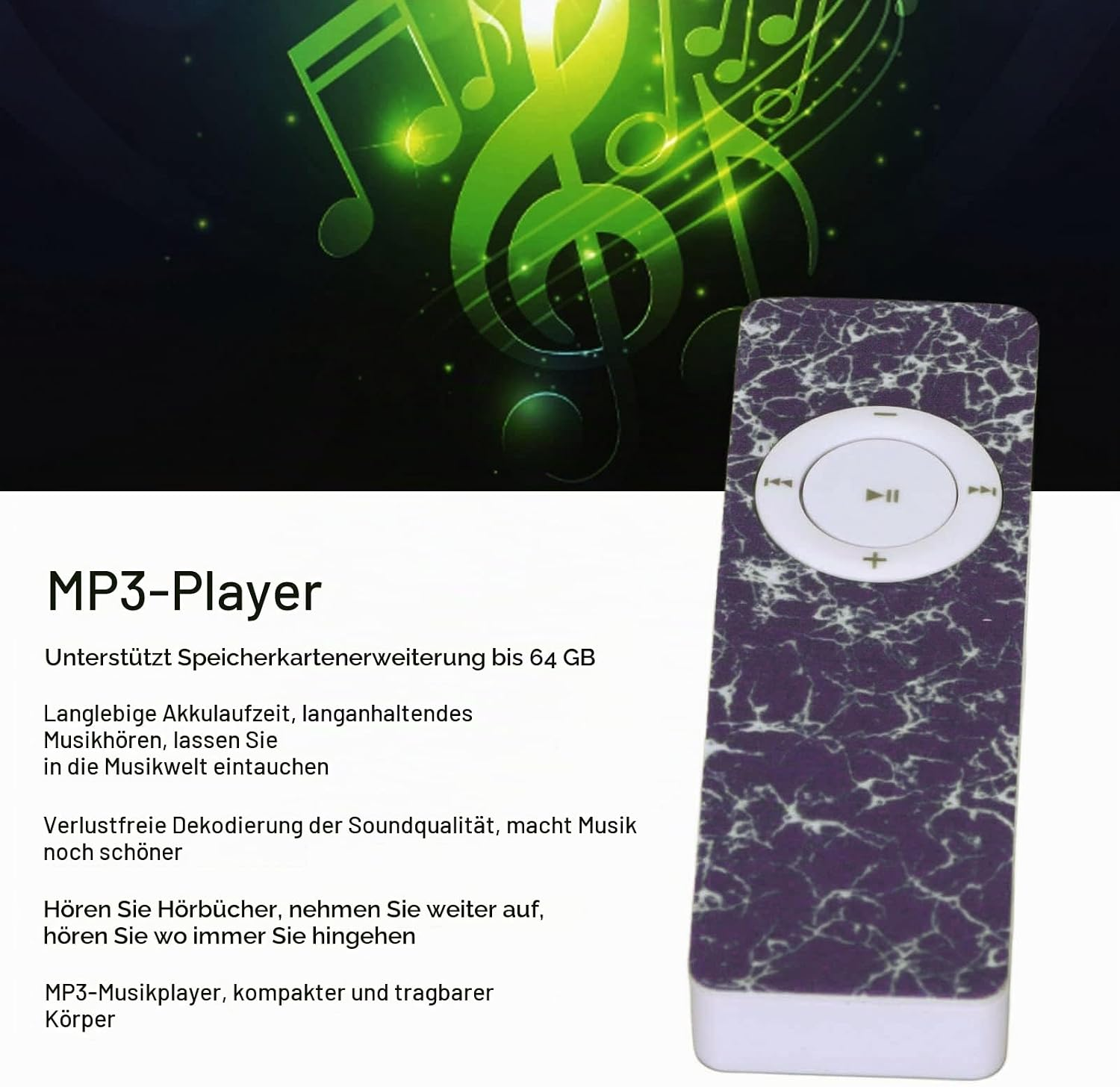 Ein lila MP3-Player mit Marmormuster auf weißem und schwarzem Hintergrund mit Noten.