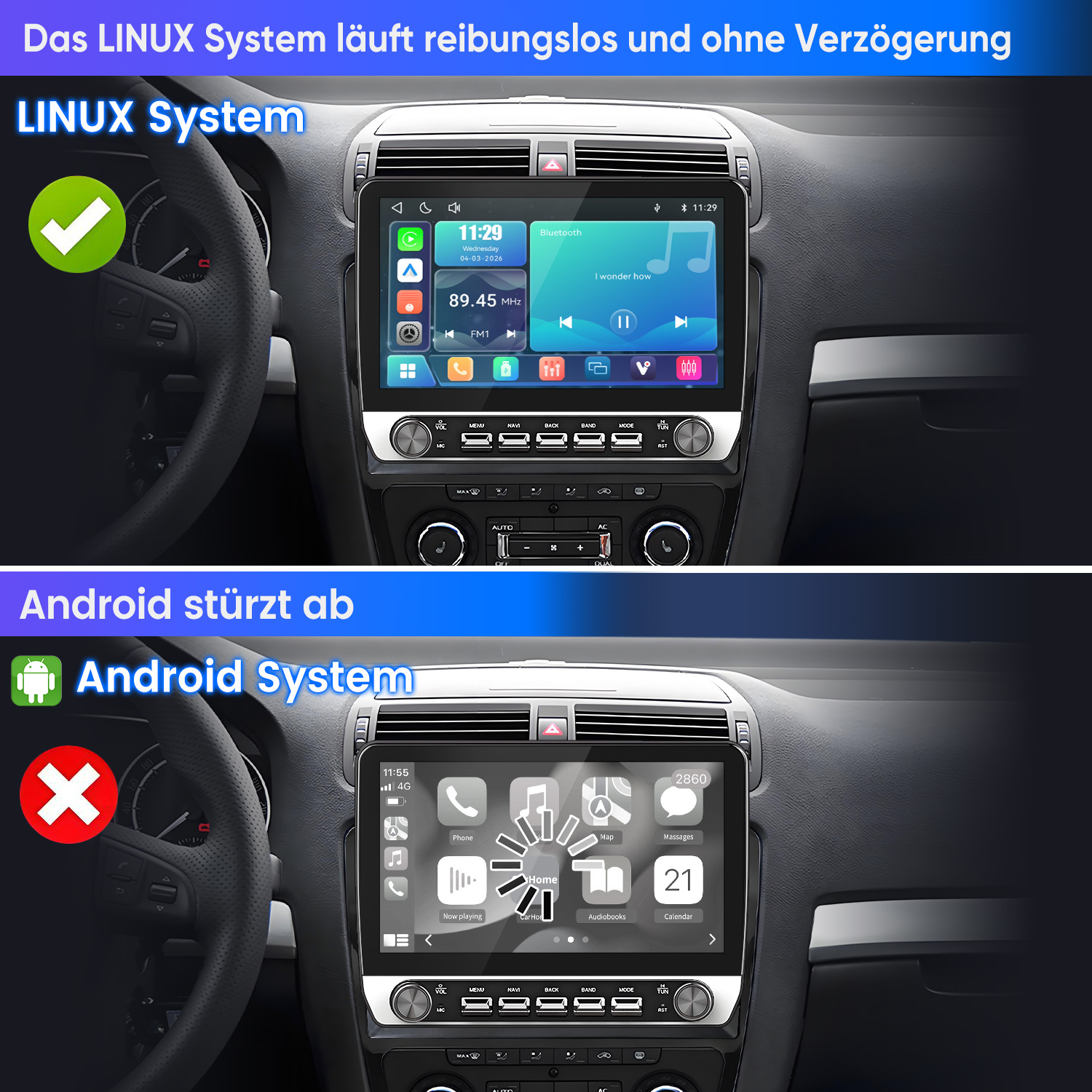 Vergleich zweier Auto-Infotainment-Systeme: Linux funktioniert reibungslos, Android stürzt ab.