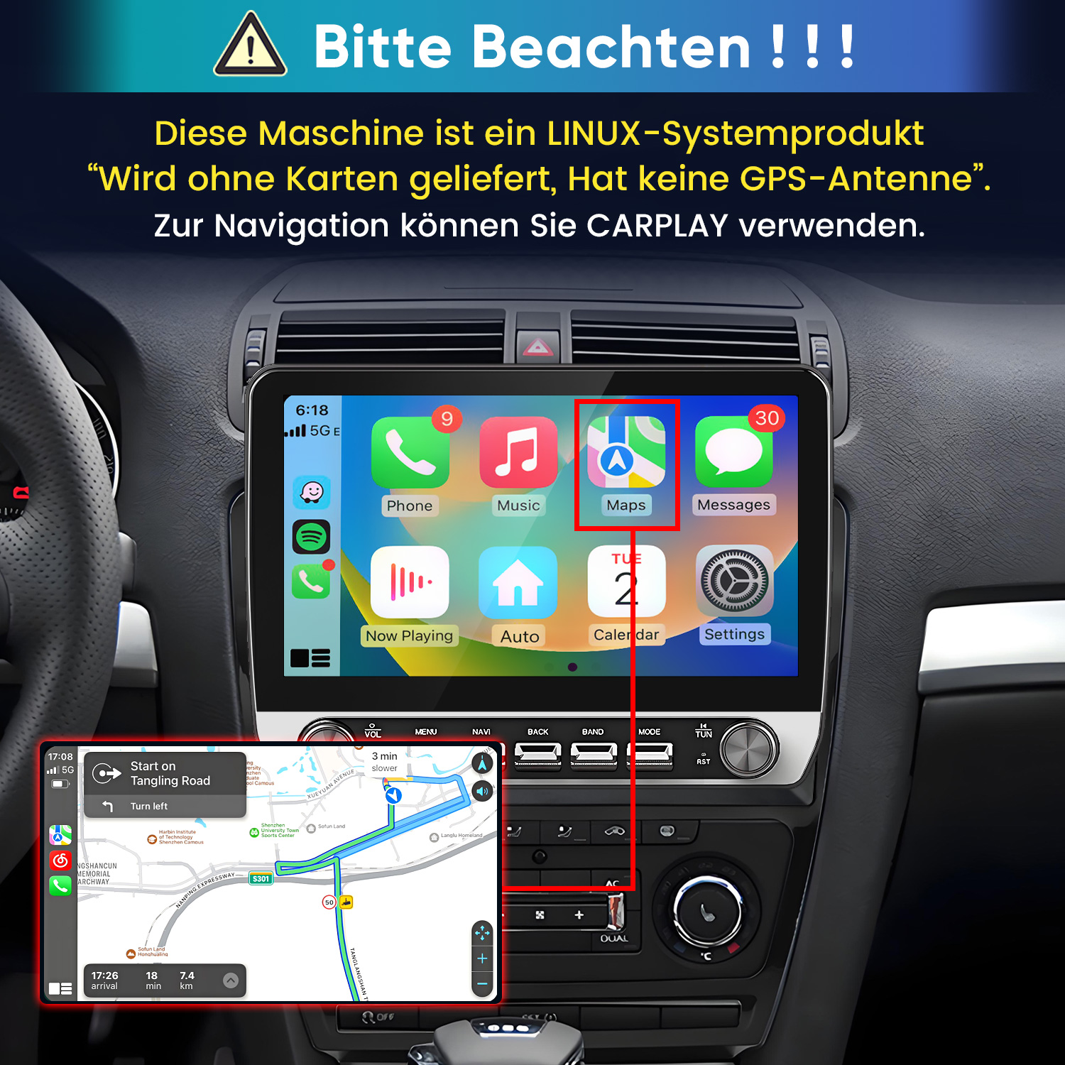 Ein Carplay-Autodisplay mit App-Symbolen, oben deutscher Warntext und unten eine Kartennavigation.