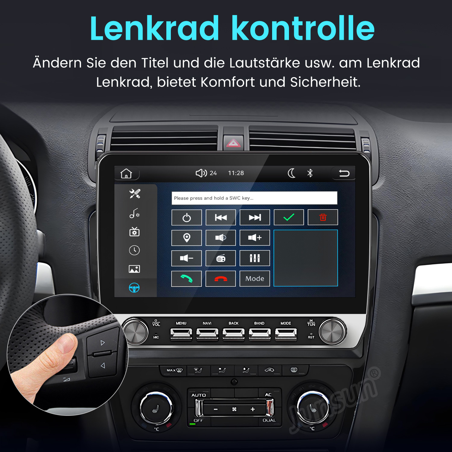 Autoinnenraum mit einem Multimedia-Touchscreen und Zoom auf die Lenkradsteuerung.