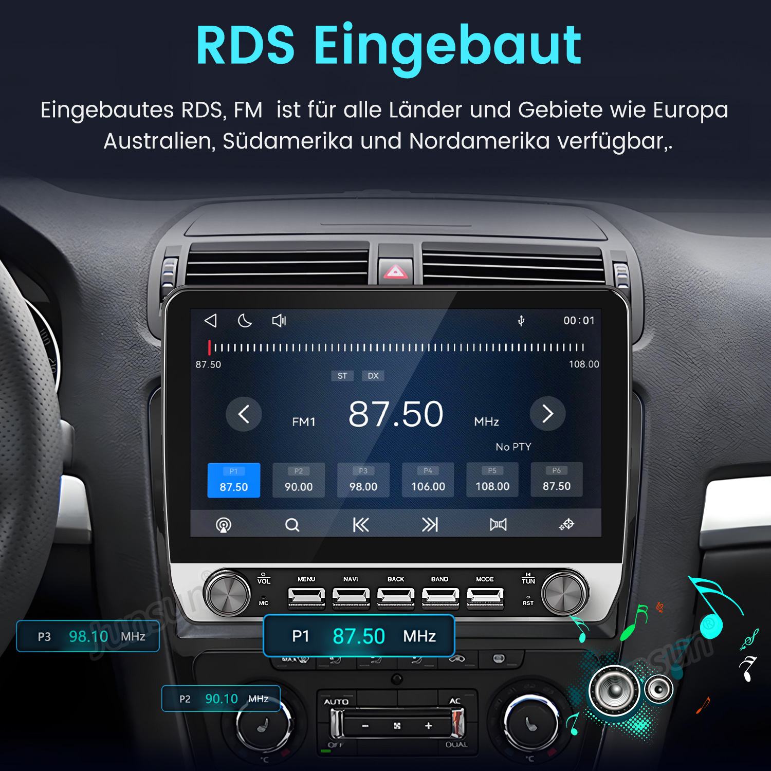 Ein modernes Autoradio mit Touchscreen zeigt FM 87.50 MHz und Tastenbedienung im Armaturenbrett.