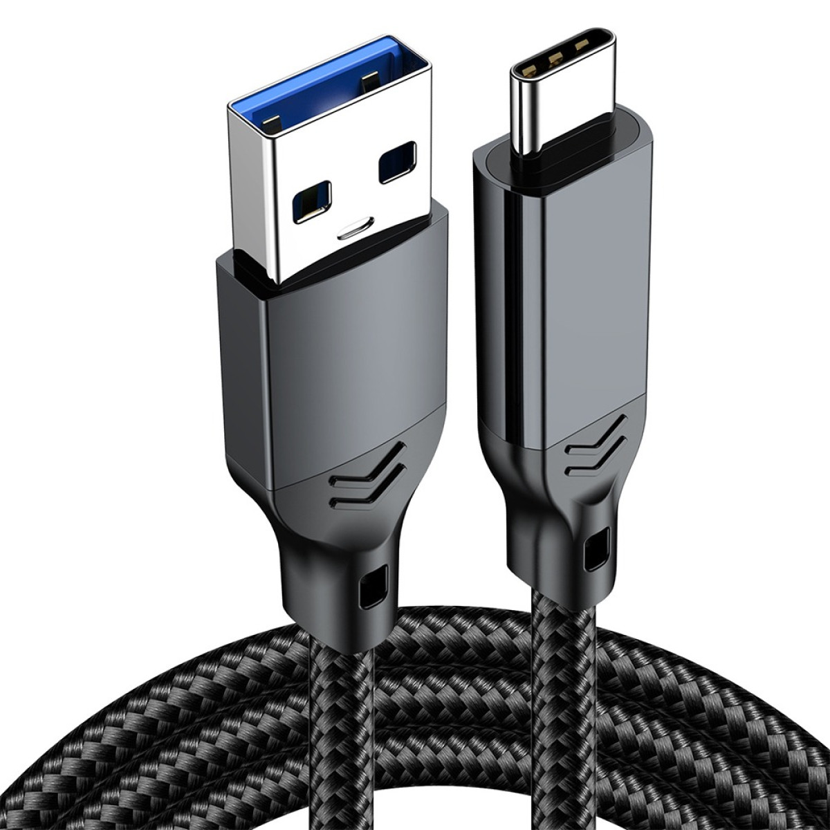 Ein USB-A- und ein USB-C-Anschluss an einem schwarzen geflochtenen Kabel.