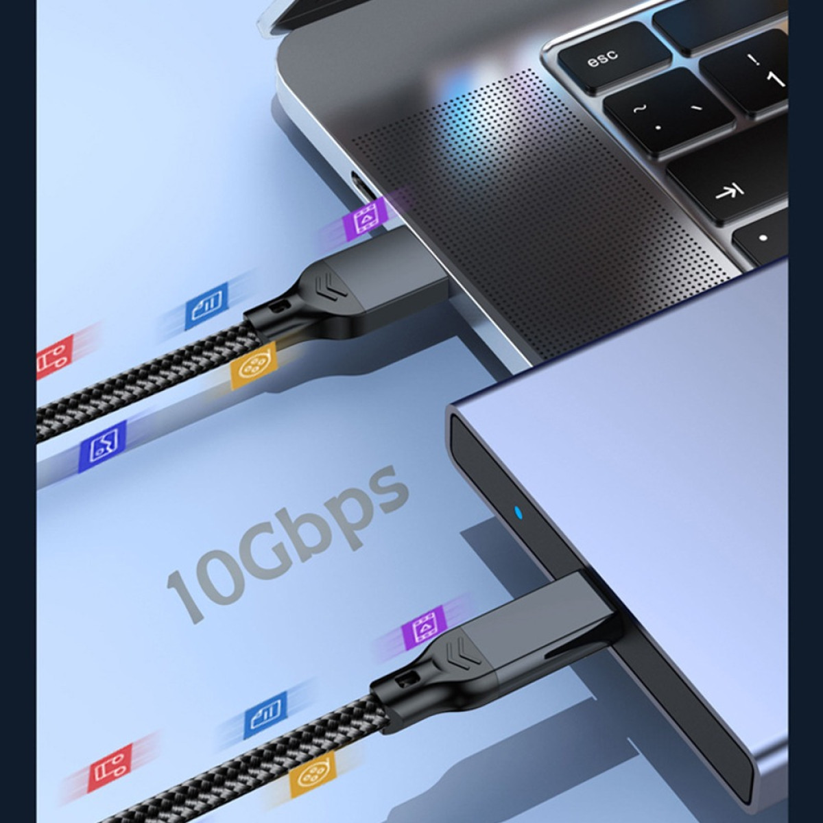 Zwei geflochtene Kabel sind an einen Laptop und eine externe Festplatte angeschlossen, mit 10Gbps Text.