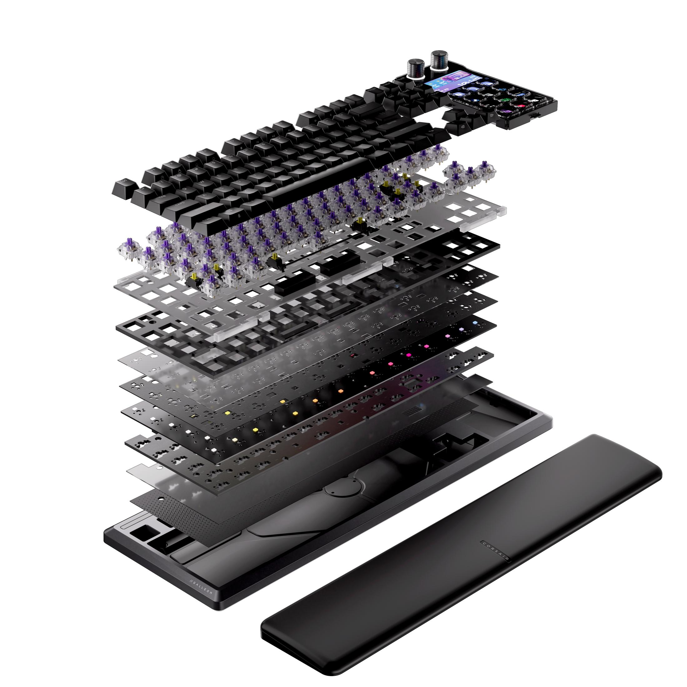 Explosionsdarstellung einer mechanischen Tastatur mit Keycaps, Switches, Platinen und einem Handballenauflage.