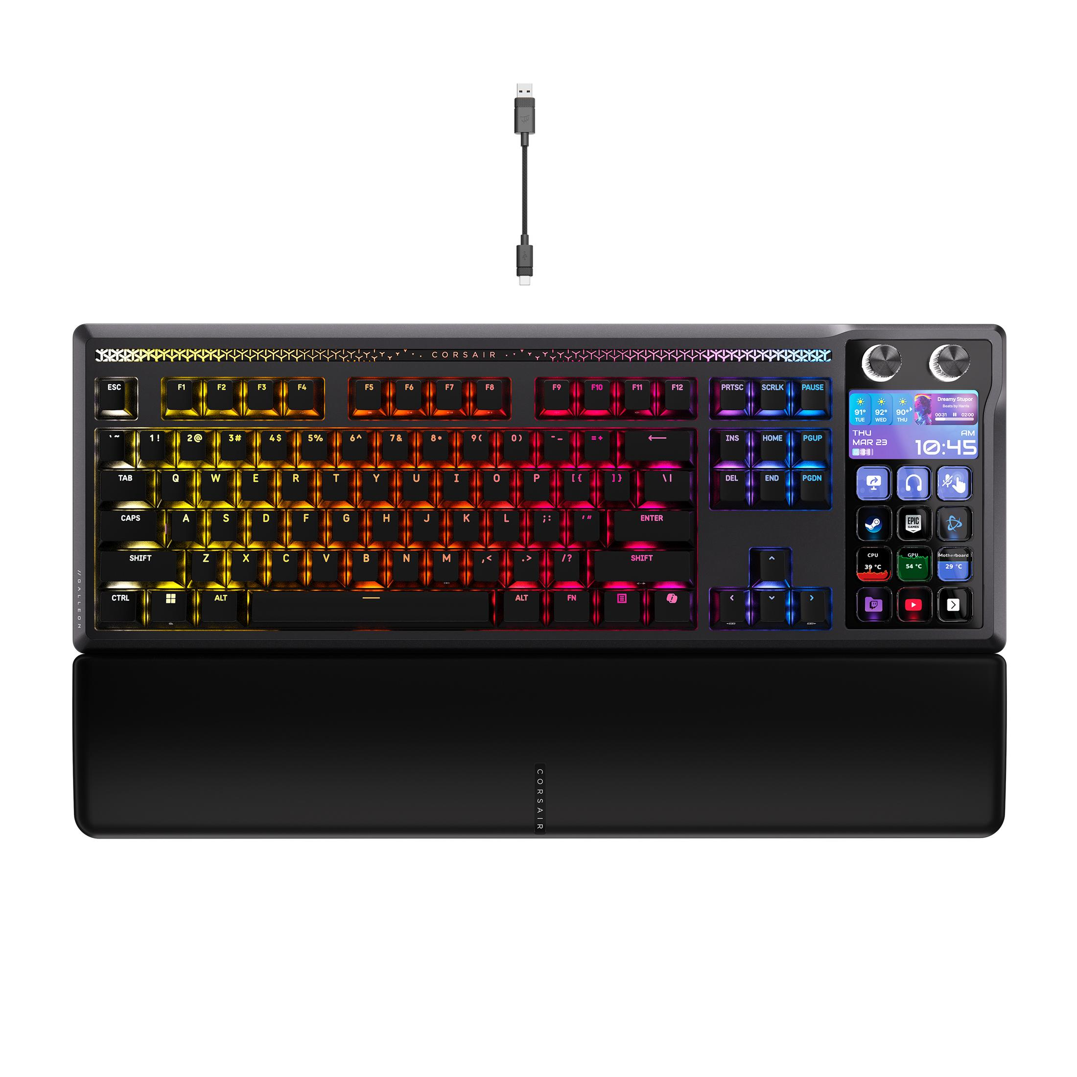Schwarze Corsair Gaming-Tastatur mit RGB-Beleuchtung, integriertem Display, Steuerrädern und abnehmbarer Handballenauflage.