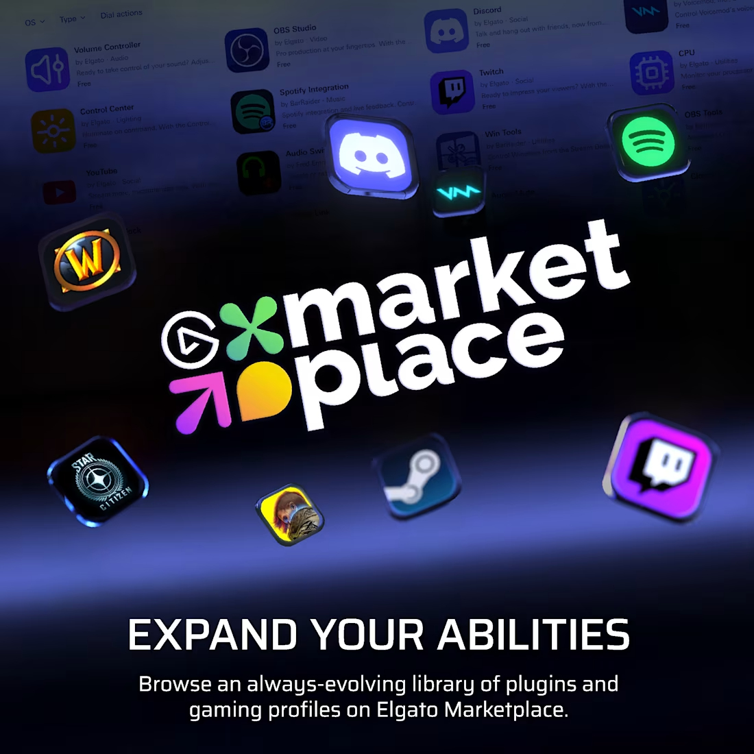 GX Marketplace-Logo vor einem blauen Hintergrund mit schwebenden App-Symbolen.