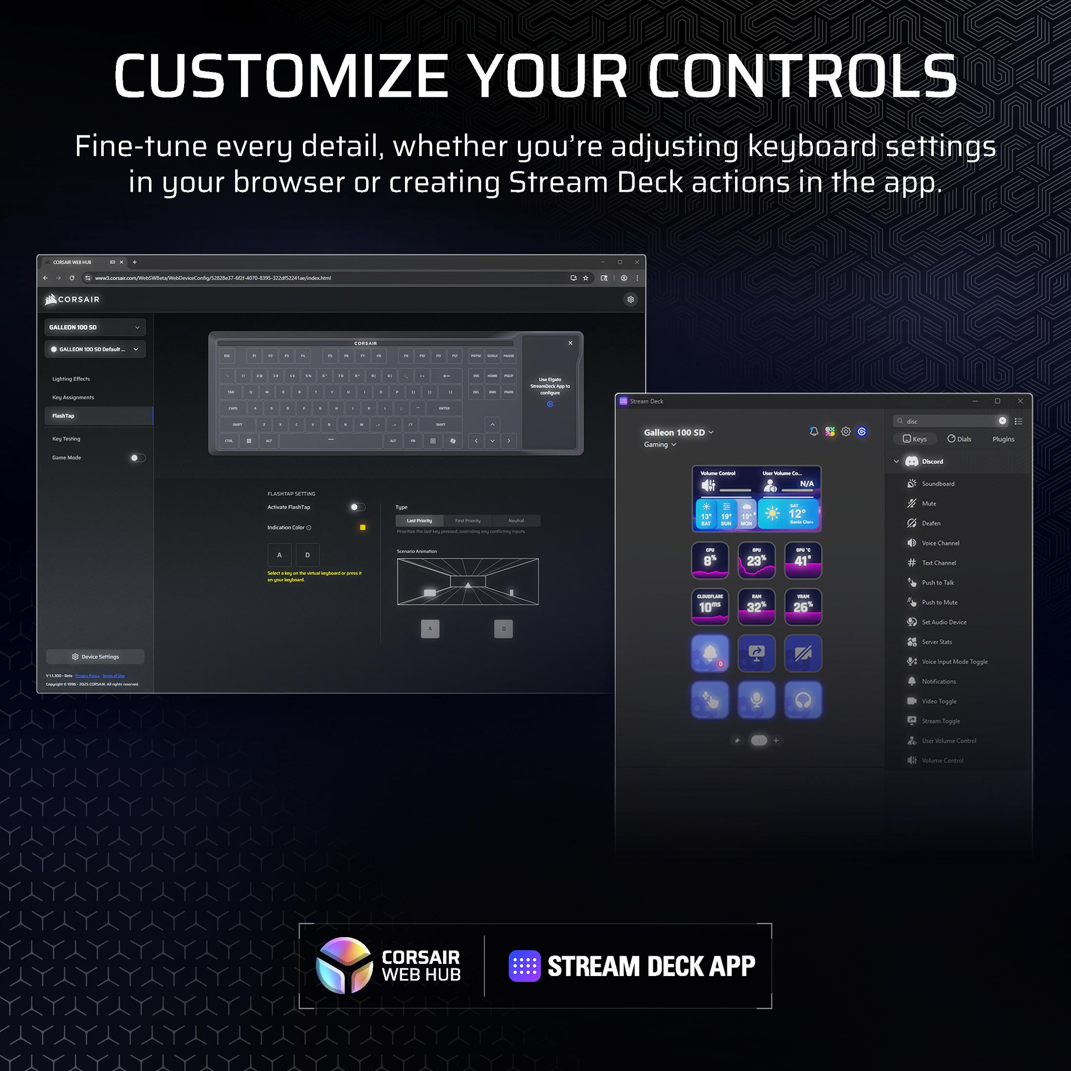 Screenshot zeigt Corsair Web Hub und Stream Deck App Oberflächen zur Anpassung von Tastatur und Stream Deck.