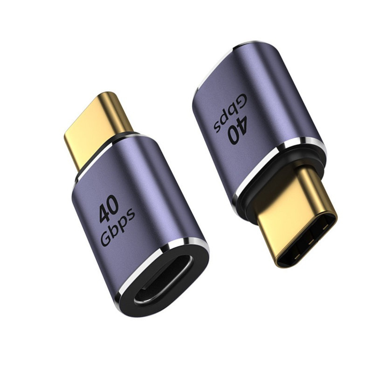 Zwei graue USB-C-Adapter mit vergoldeten Anschlüssen und der Aufschrift 40 Gbps auf weißem Hintergrund.