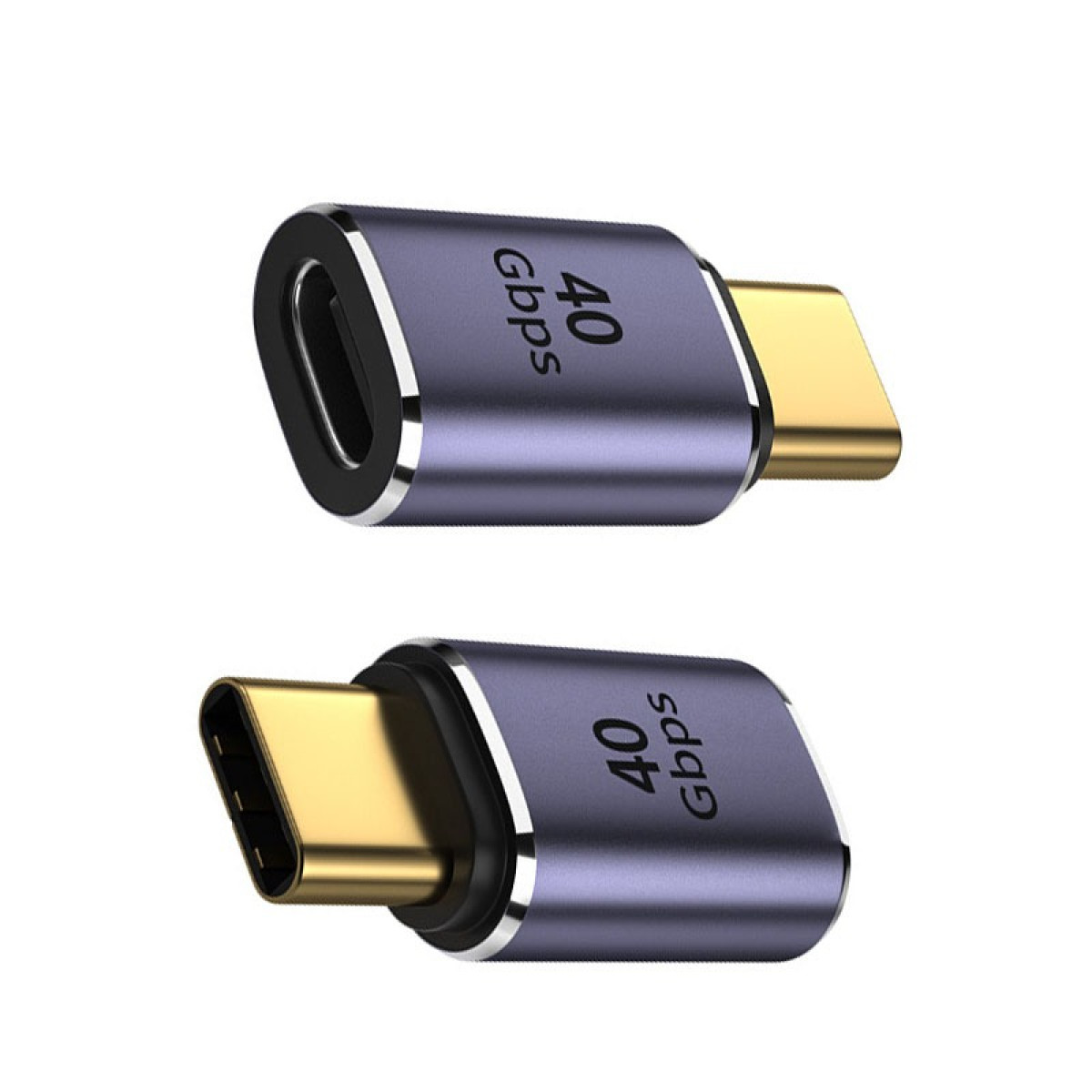 Zwei 40-Gbps-USB-C-Adapter mit grauen Metallgehäusen und vergoldeten Anschlüssen vor weißem Hintergrund.